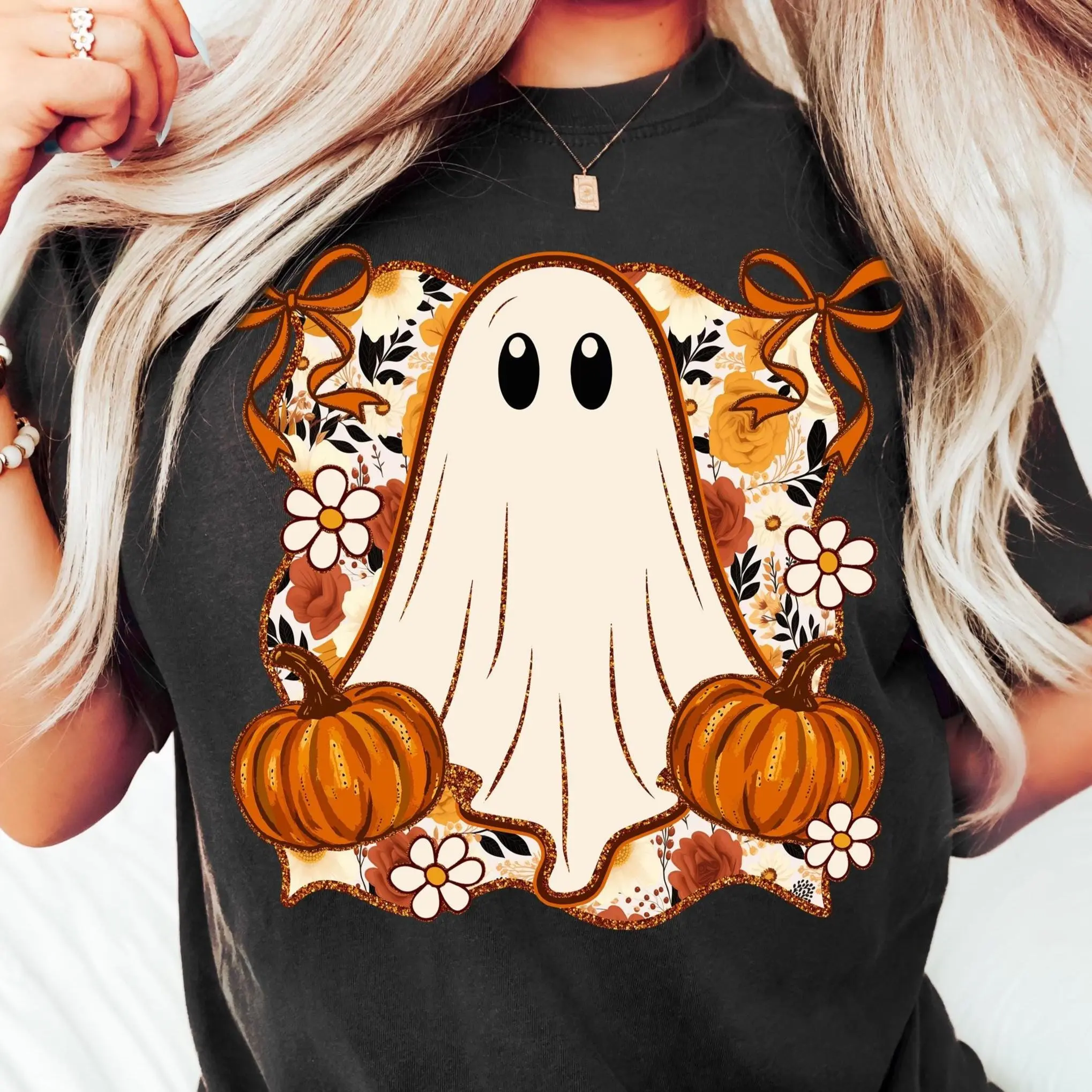 Cute Fall Ghost Shirt for Women, Coquette Autumn Graphic Tee, Halloween Print Casual Short Sleeve Top - photo 3