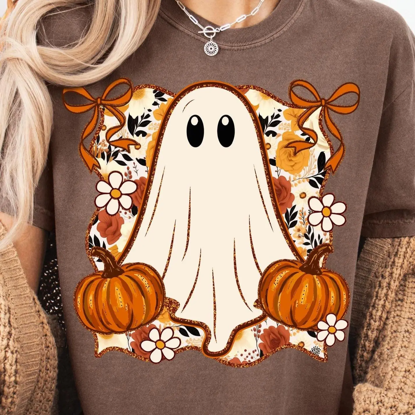 Cute Fall Ghost Shirt for Women, Coquette Autumn Graphic Tee, Halloween Print Casual Short Sleeve Top - photo 4