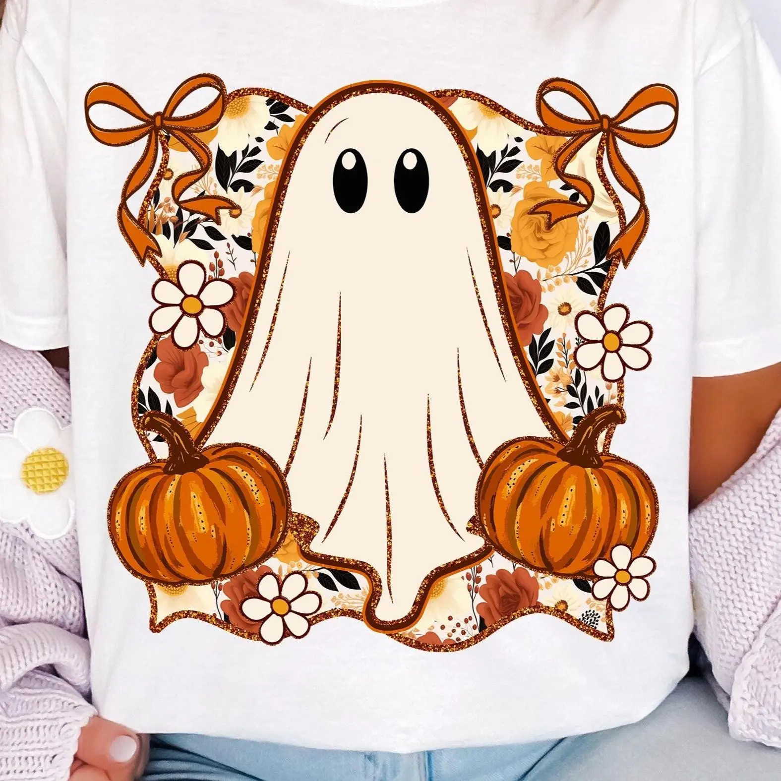 Cute Fall Ghost Shirt for Women, Coquette Autumn Graphic Tee, Halloween Print Casual Short Sleeve Top - photo 5