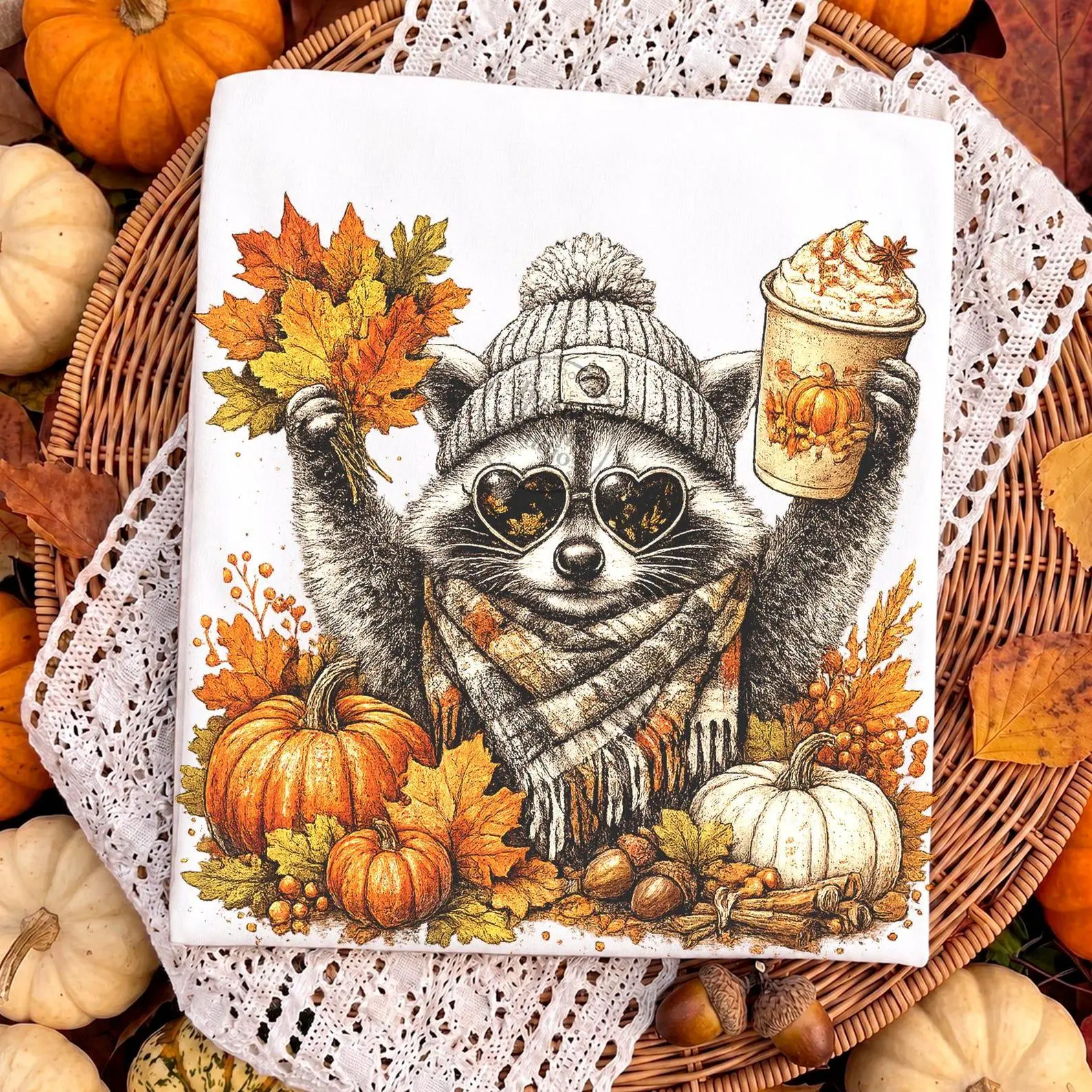 Cute Fall Raccoon Pumpkin Spice Coffee Shirt, Retro Cozy Autumn Animal Graphic Tee