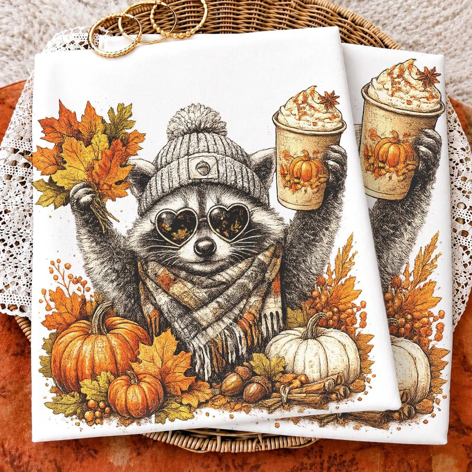 Cute Fall Raccoon Pumpkin Spice Coffee Shirt, Retro Cozy Autumn Animal Graphic Tee - photo 2