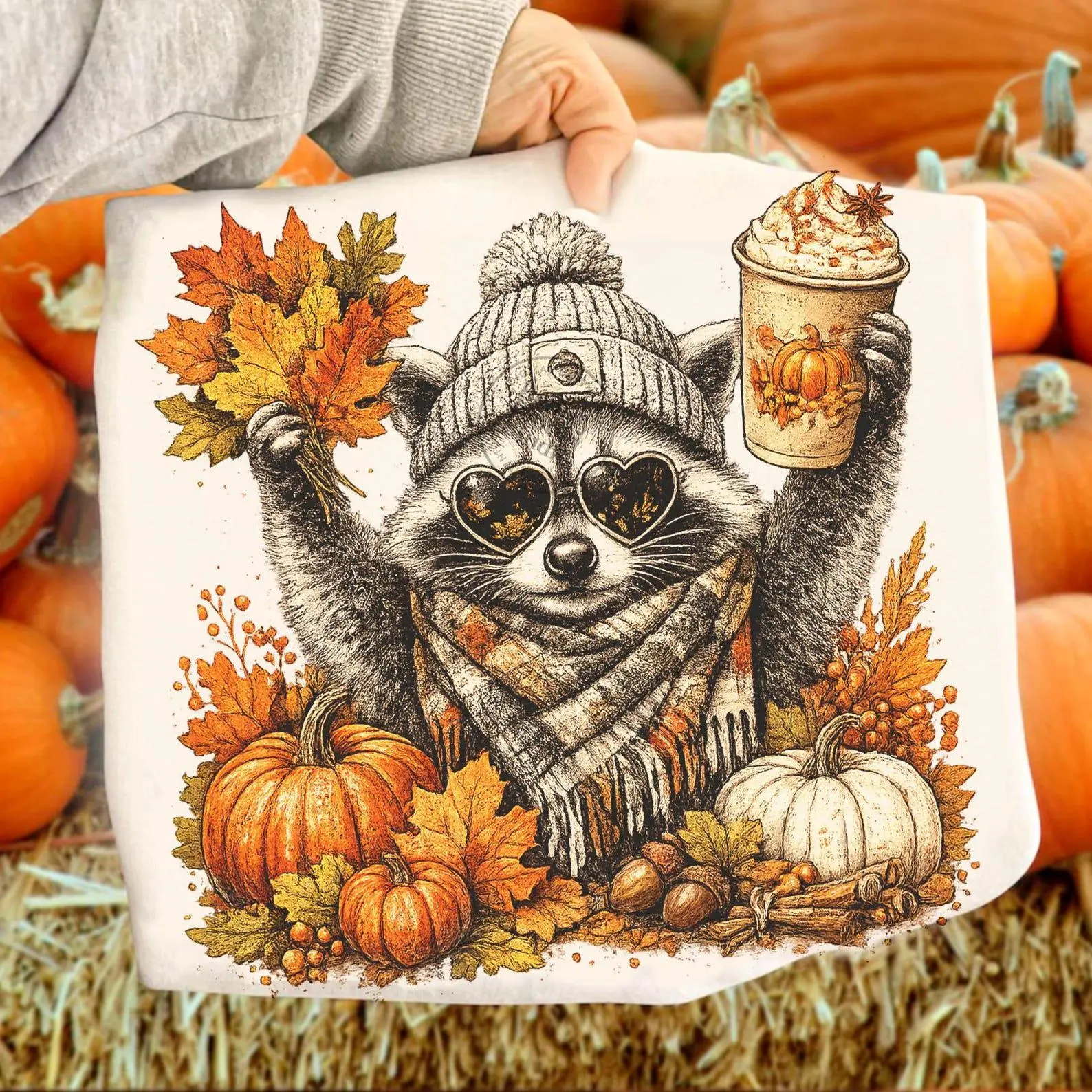 Cute Fall Raccoon Pumpkin Spice Coffee Shirt, Retro Cozy Autumn Animal Graphic Tee - photo 3