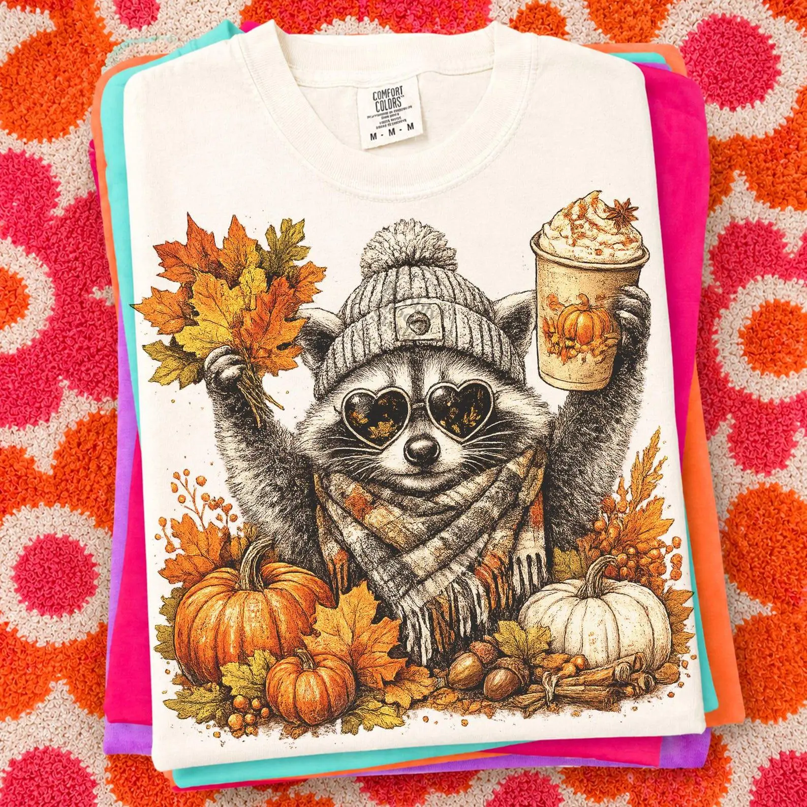 Cute Fall Raccoon Pumpkin Spice Coffee Shirt, Retro Cozy Autumn Animal Graphic Tee - photo 4