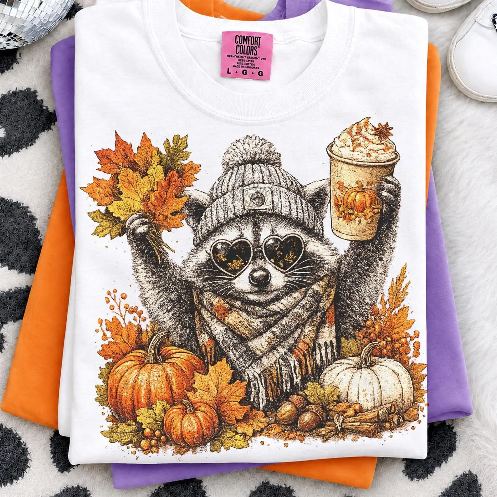 Cute Fall Raccoon Pumpkin Spice Coffee Shirt, Retro Cozy Autumn Animal Graphic Tee - photo 5