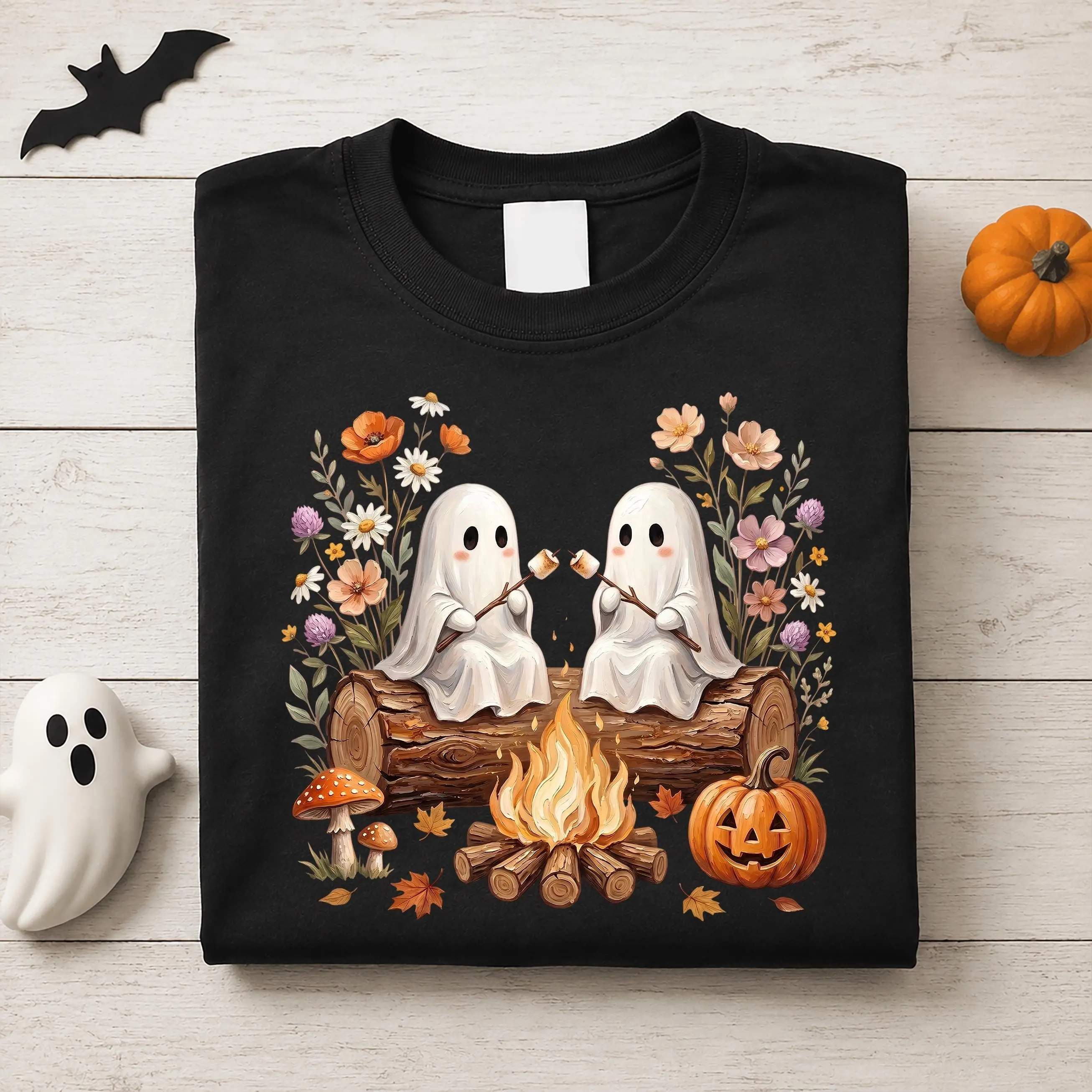 Cute Ghost Campfire Shirt, Halloween Pumpkin Camping Wildflowers Tee, Spooky Season Gift For Her