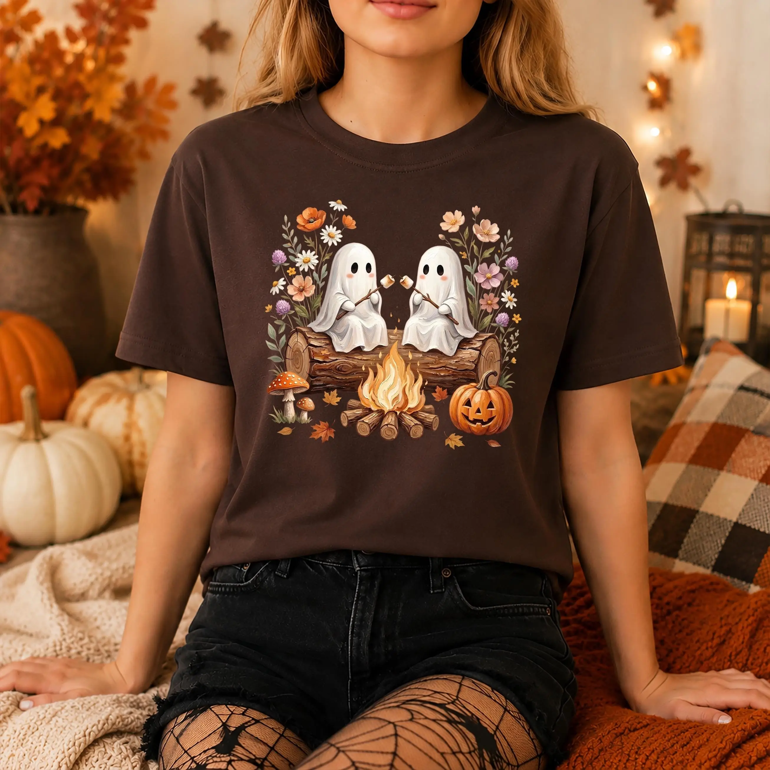 Cute Ghost Campfire Shirt, Halloween Pumpkin Camping Wildflowers Tee, Spooky Season Gift For Her - photo 2