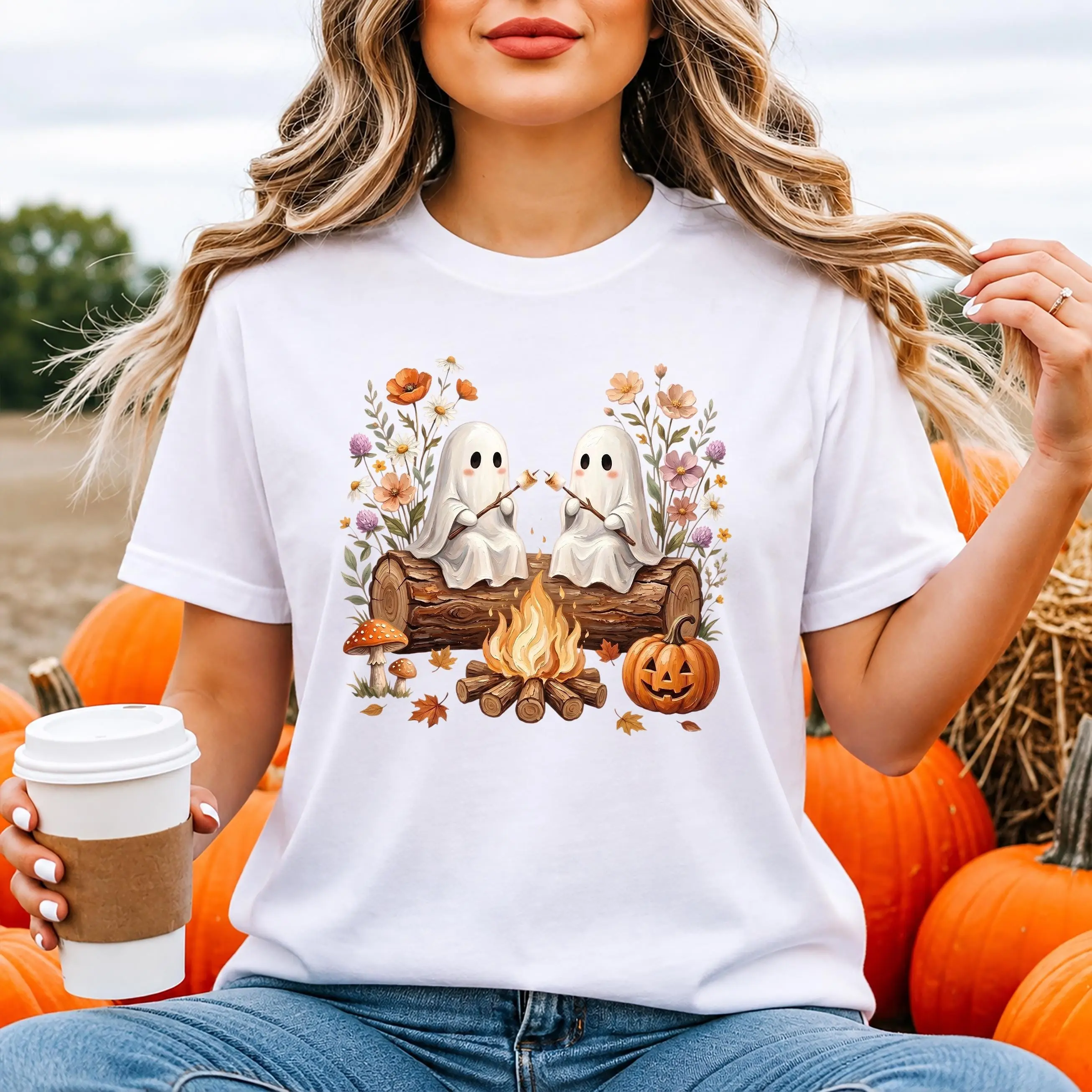 Cute Ghost Campfire Shirt, Halloween Pumpkin Camping Wildflowers Tee, Spooky Season Gift For Her - photo 3