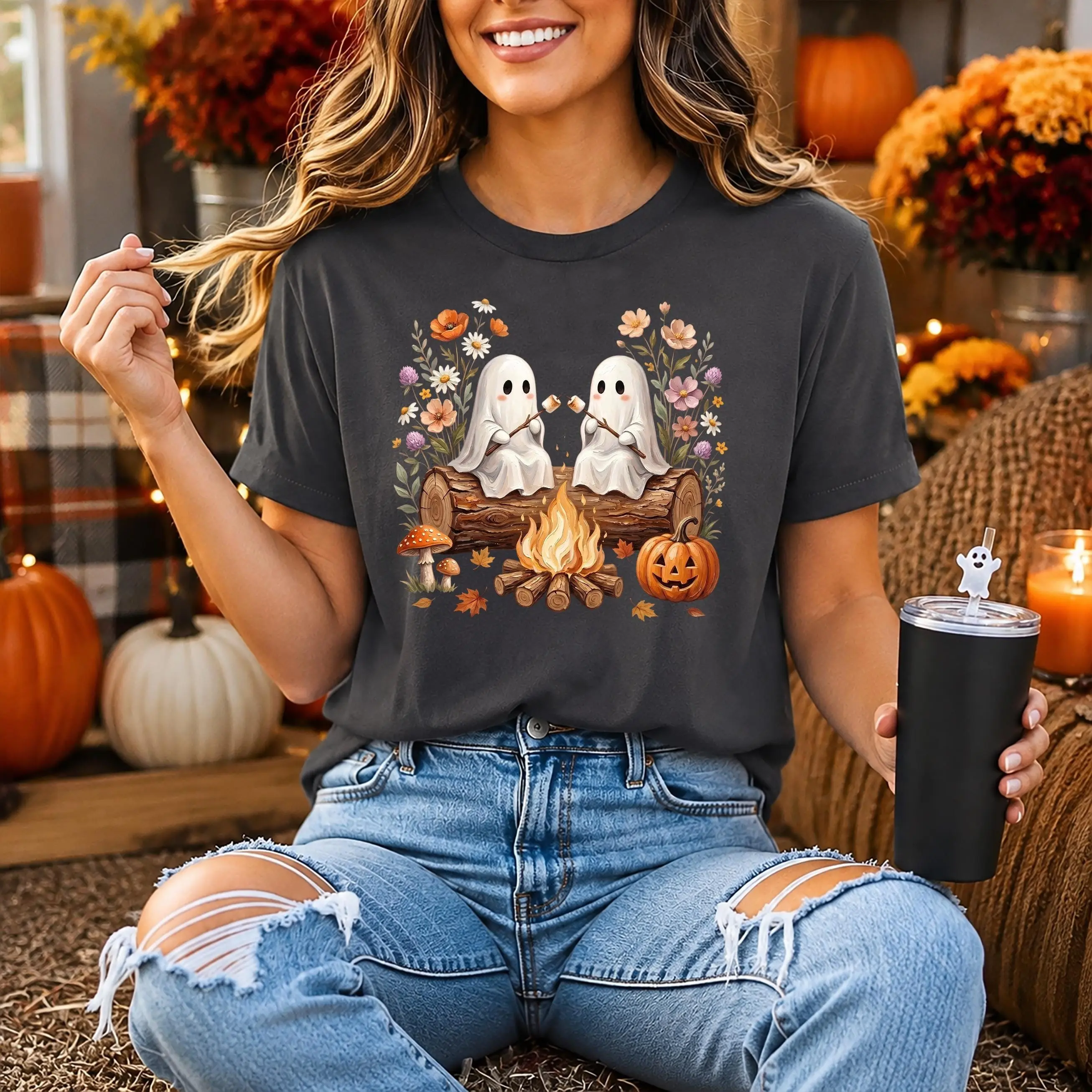 Cute Ghost Campfire Shirt, Halloween Pumpkin Camping Wildflowers Tee, Spooky Season Gift For Her - photo 4