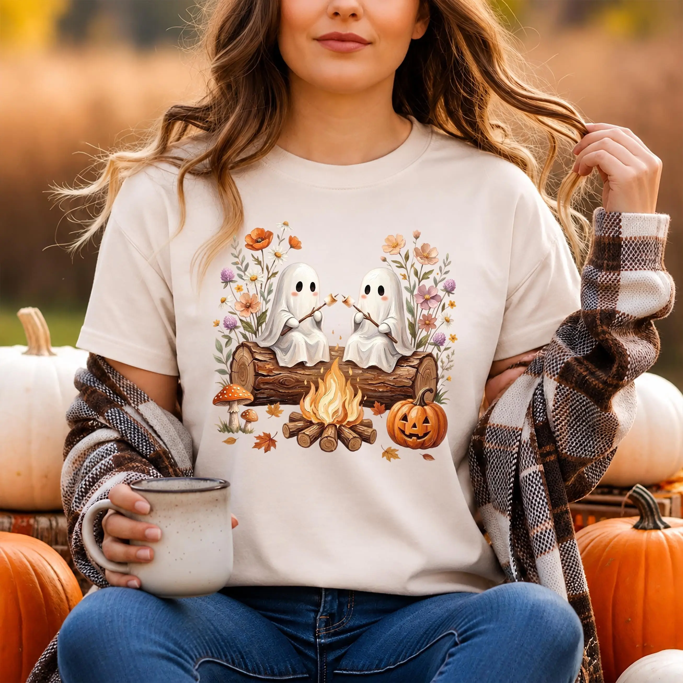 Cute Ghost Campfire Sweatshirt, Halloween Pumpkin Camping Wildflowers Crewneck, Spooky Season Gift For Her - photo 5