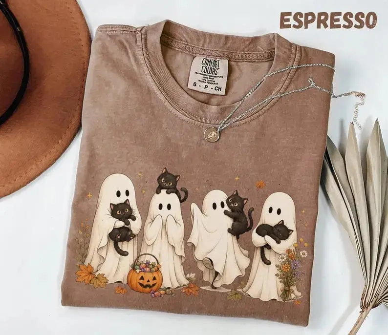 Comfort Colors Cute Ghost Cat Halloween T-Shirt, Black Spooky Season Graphic Cozy Fall Top for Women - photo 2