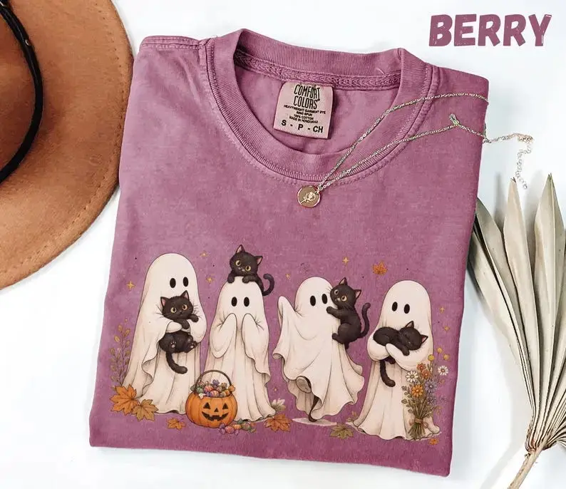 Comfort Colors Cute Ghost Cat Halloween T-Shirt, Black Spooky Season Graphic Cozy Fall Top for Women - photo 3