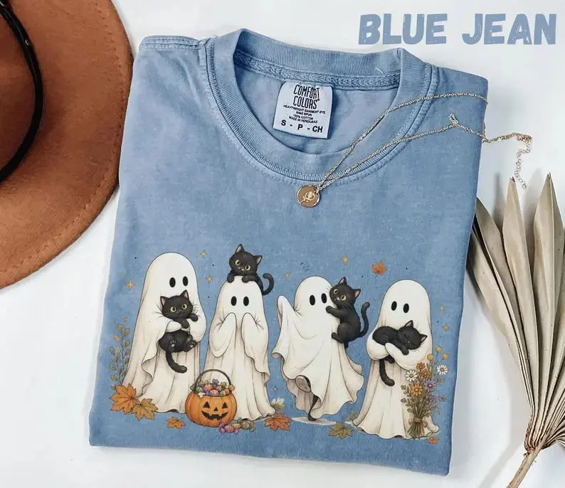 Comfort Colors Cute Ghost Cat Halloween T-Shirt, Black Spooky Season Graphic Cozy Fall Top for Women - photo 4
