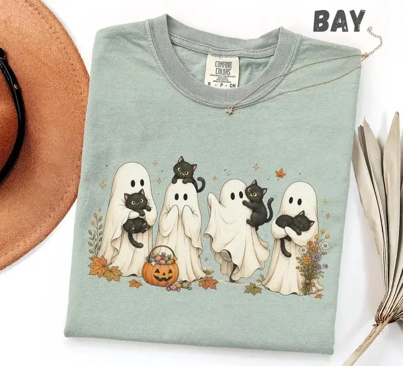 Comfort Colors Cute Ghost Cat Halloween T-Shirt, Black Spooky Season Graphic Cozy Fall Top for Women - photo 5