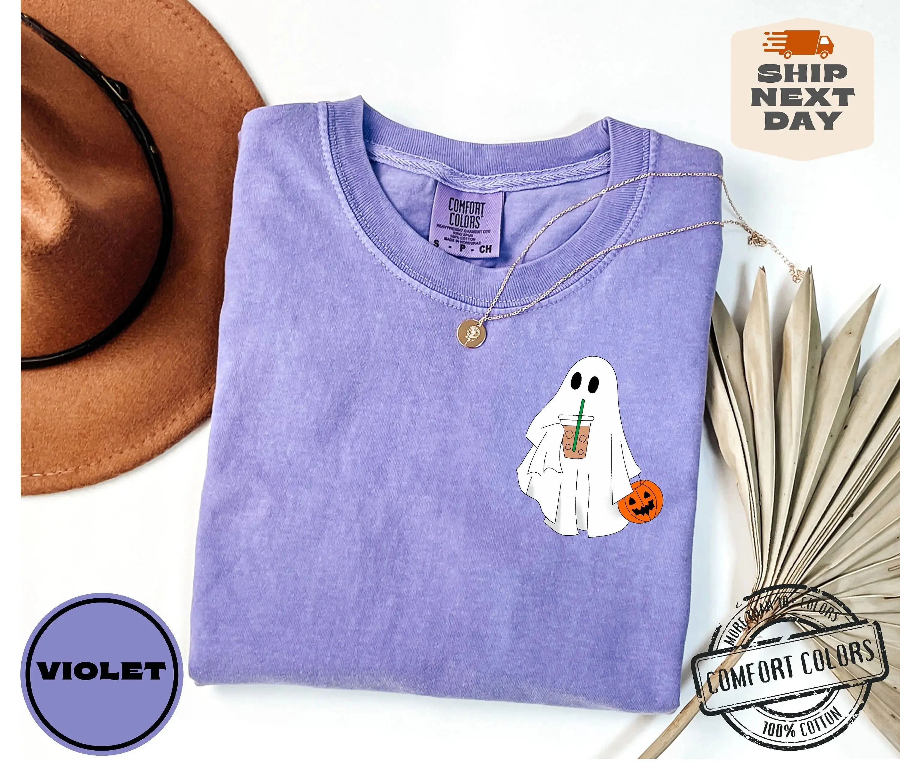 Cute Ghost Coffee Shirt, Comfort Colors Halloween Iced Boo Graphic Tee, Women Fall Lover Gift Top - photo 2