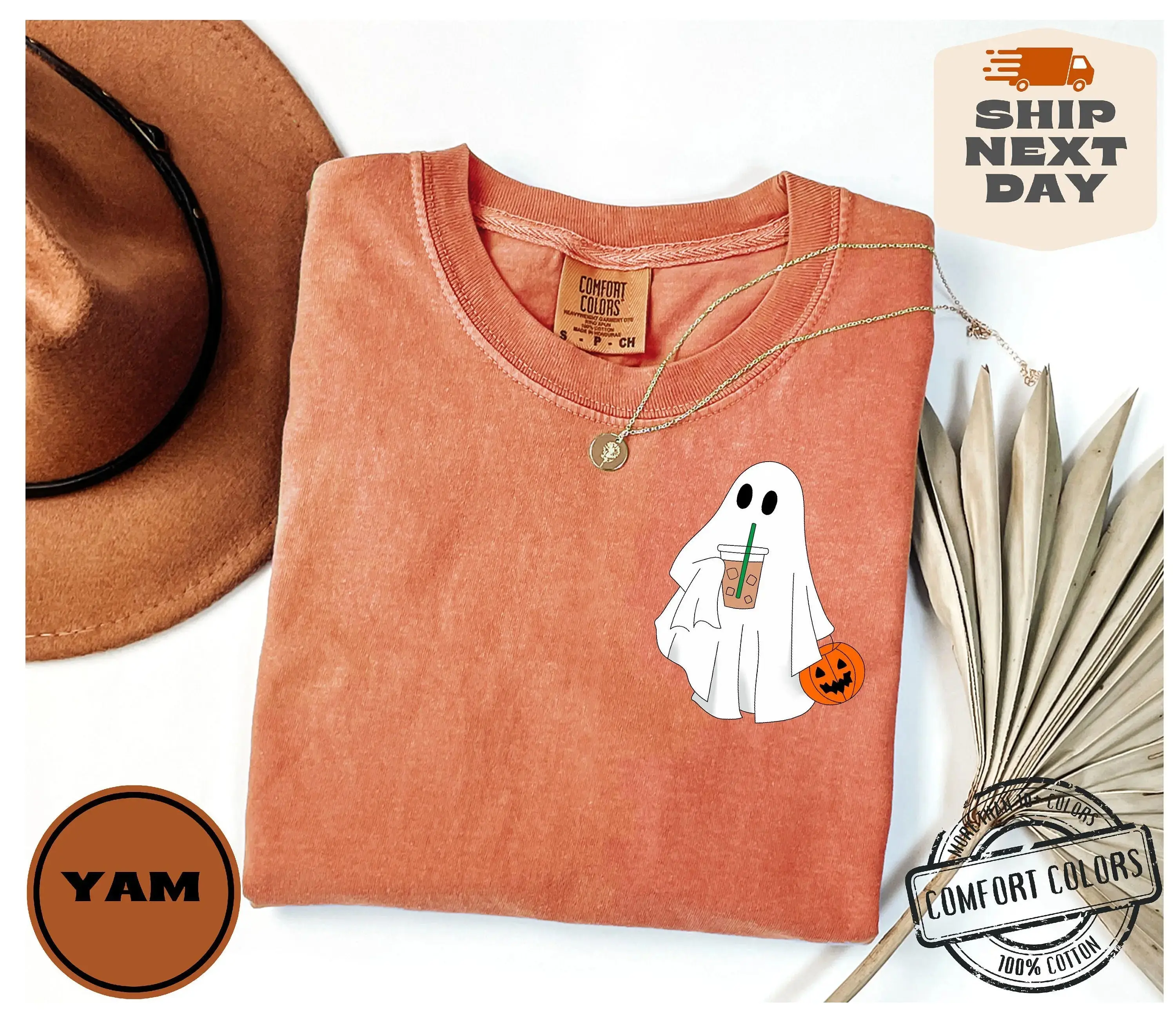 Cute Ghost Coffee Shirt, Comfort Colors Halloween Iced Boo Graphic Tee, Women Fall Lover Gift Top - photo 3