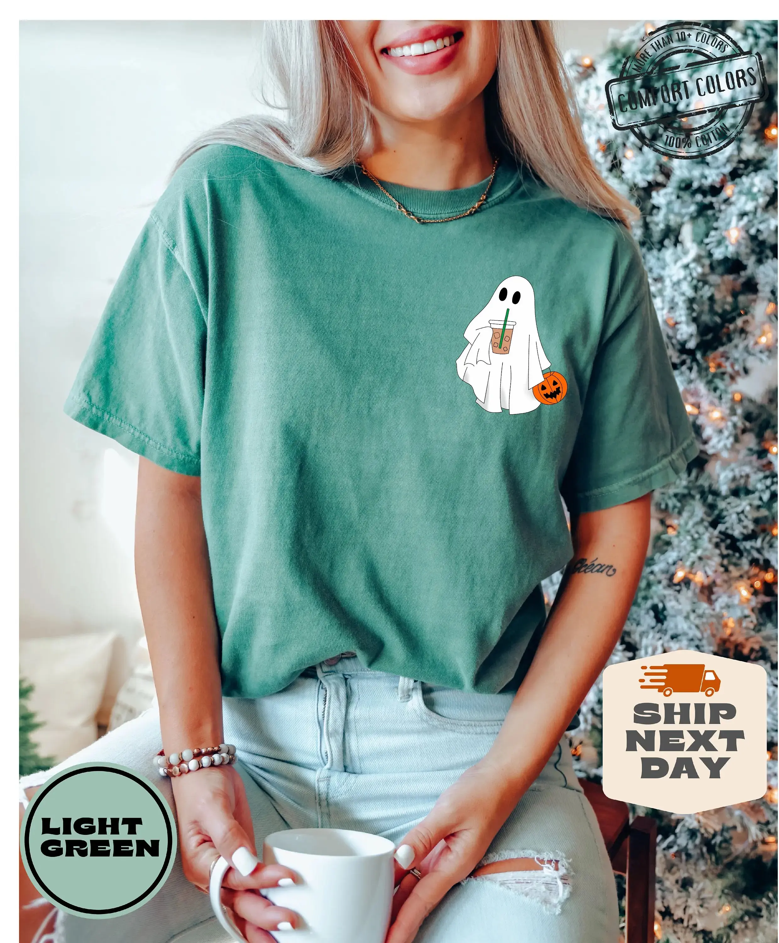 Cute Ghost Coffee Shirt, Comfort Colors Halloween Iced Boo Graphic Tee, Women Fall Lover Gift Top - photo 4