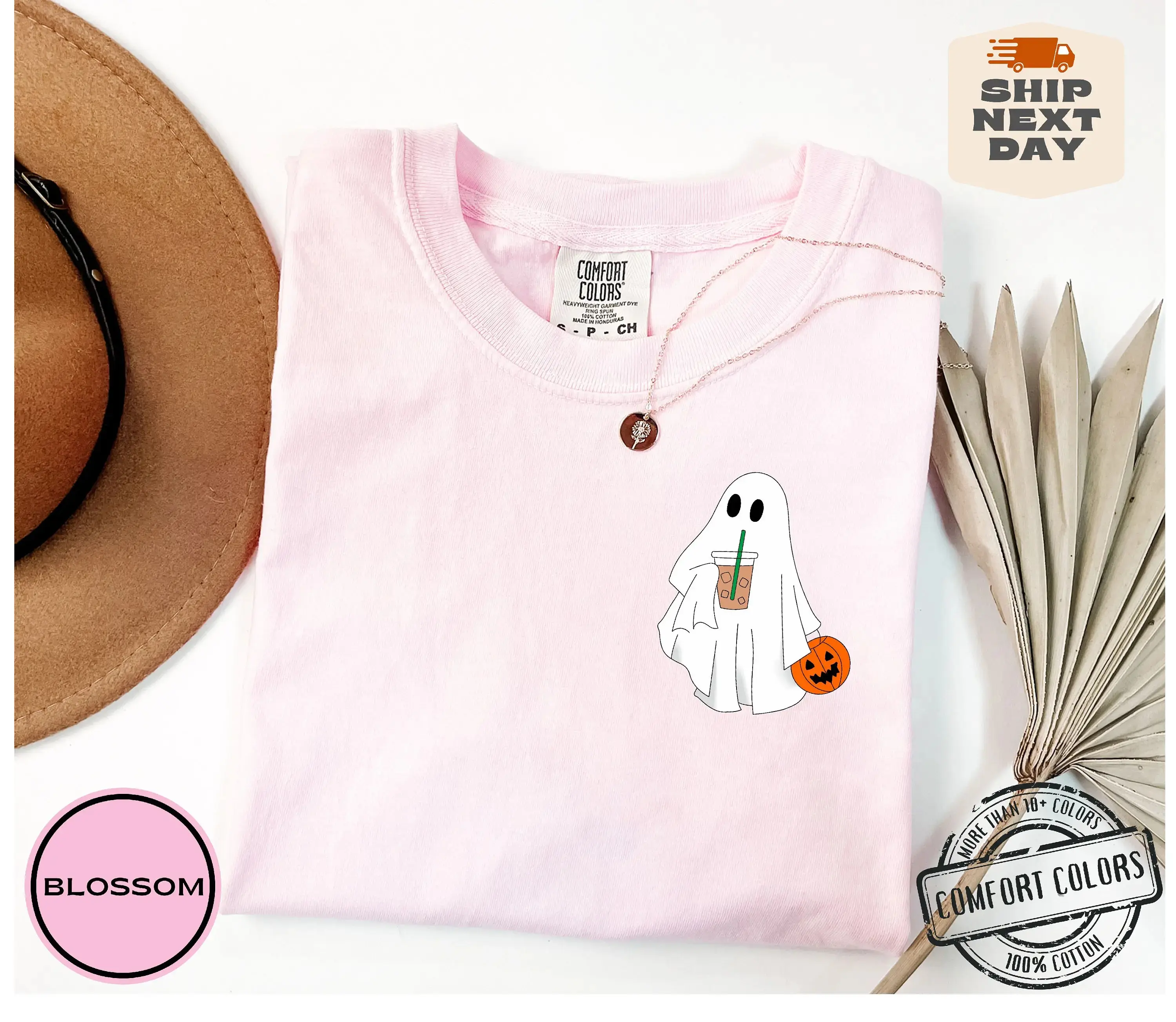 Cute Ghost Coffee Shirt, Comfort Colors Halloween Iced Boo Graphic Tee, Women Fall Lover Gift Top - photo 5