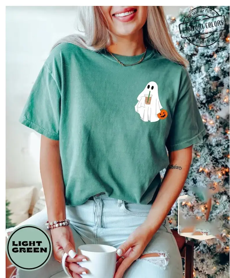 Cute Ghost Coffee Shirt for Women, Halloween Iced Latte Graphic Tee, Boo Comfort Colors Soft Cotton Fall Lover Gift Top