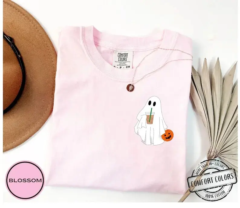 Cute Ghost Coffee Shirt for Women, Halloween Iced Latte Graphic Tee, Boo Comfort Colors Soft Cotton Fall Lover Gift Top - photo 2