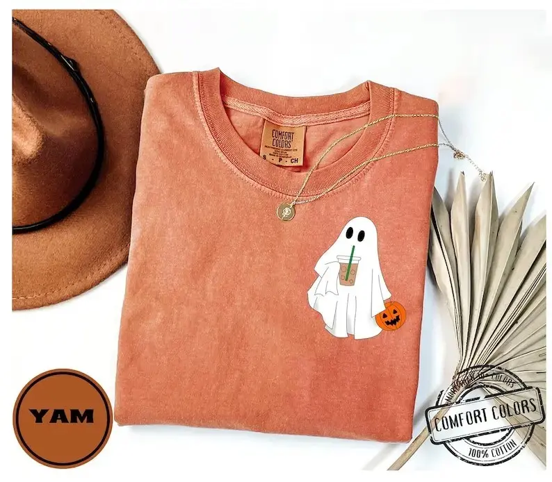 Cute Ghost Coffee Shirt for Women, Halloween Iced Latte Graphic Tee, Boo Comfort Colors Soft Cotton Fall Lover Gift Top - photo 3