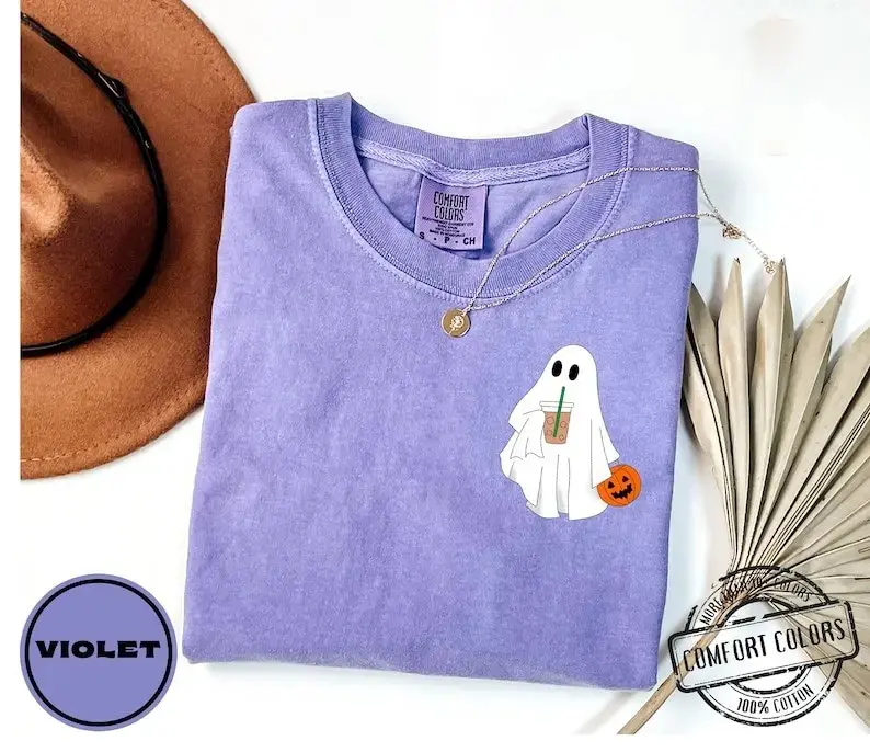 Cute Ghost Coffee Shirt for Women, Halloween Iced Latte Graphic Tee, Boo Comfort Colors Soft Cotton Fall Lover Gift Top - photo 4