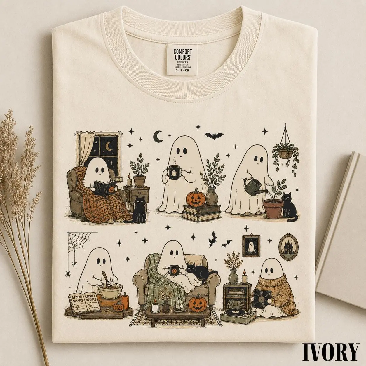 Comfort Colors Cute Cozy Ghost Halloween Shirt, Spooky Season Pumpkin Graphic Tee, Fall Cottagecore Top