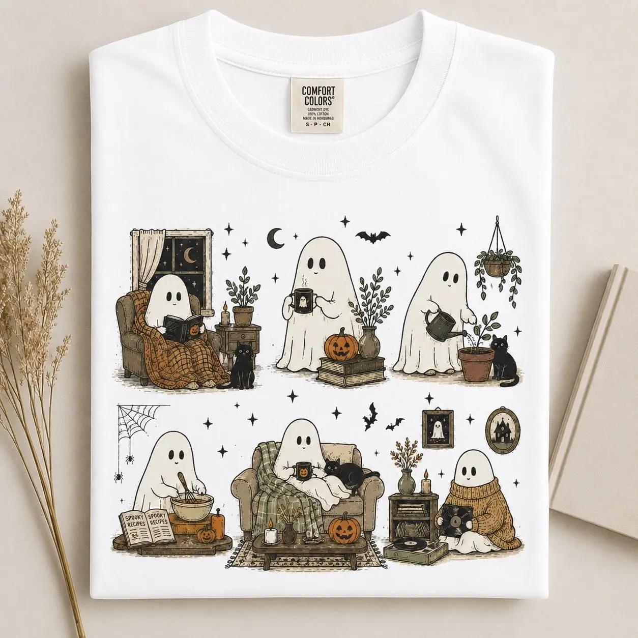 Comfort Colors Cute Cozy Ghost Halloween Shirt, Spooky Season Pumpkin Graphic Tee, Fall Cottagecore Top - photo 2