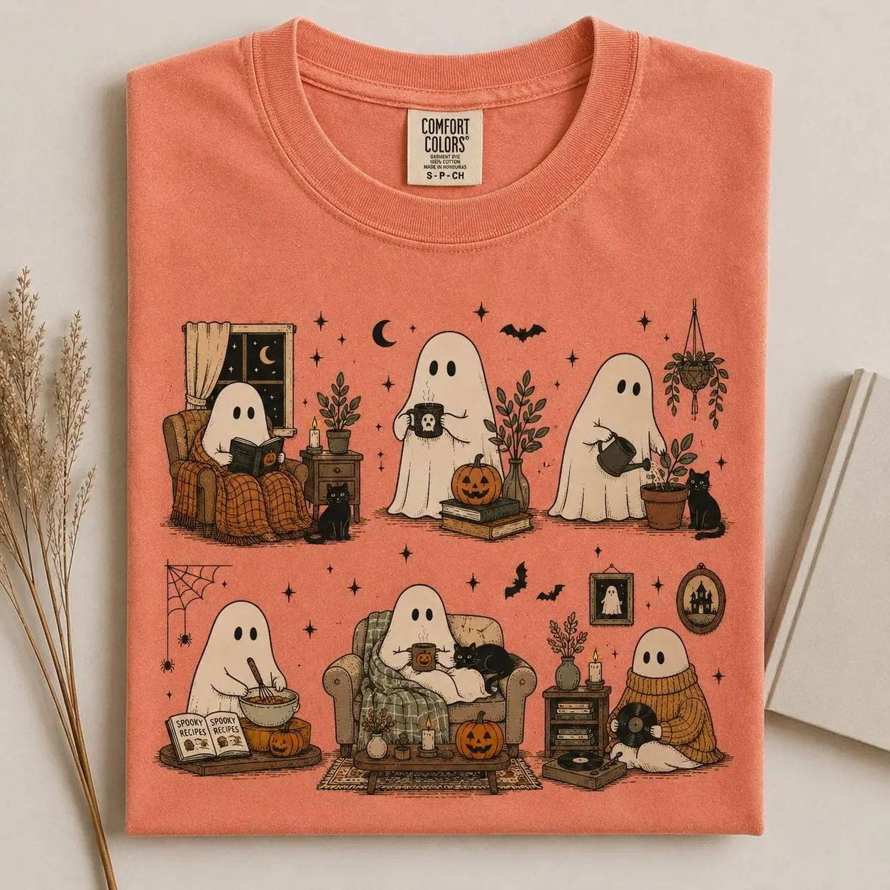 Comfort Colors Cute Cozy Ghost Halloween Shirt, Spooky Season Pumpkin Graphic Tee, Fall Cottagecore Top - photo 3