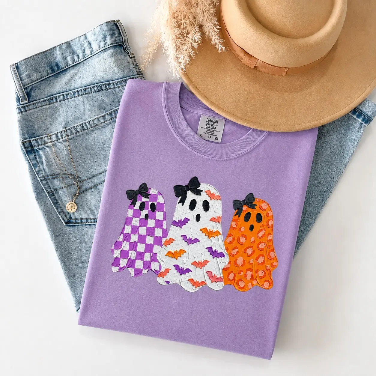 Cute Ghost Halloween T-Shirt, Pink Orange Bow Graphic Tee, Retro Spooky Season Fall Top for Women