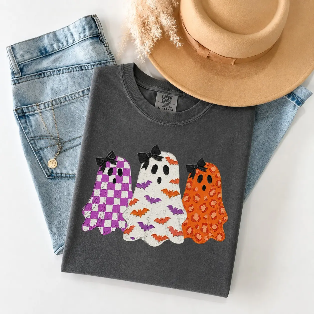 Cute Ghost Halloween T-Shirt, Pink Orange Bow Graphic Tee, Retro Spooky Season Fall Top for Women - photo 3