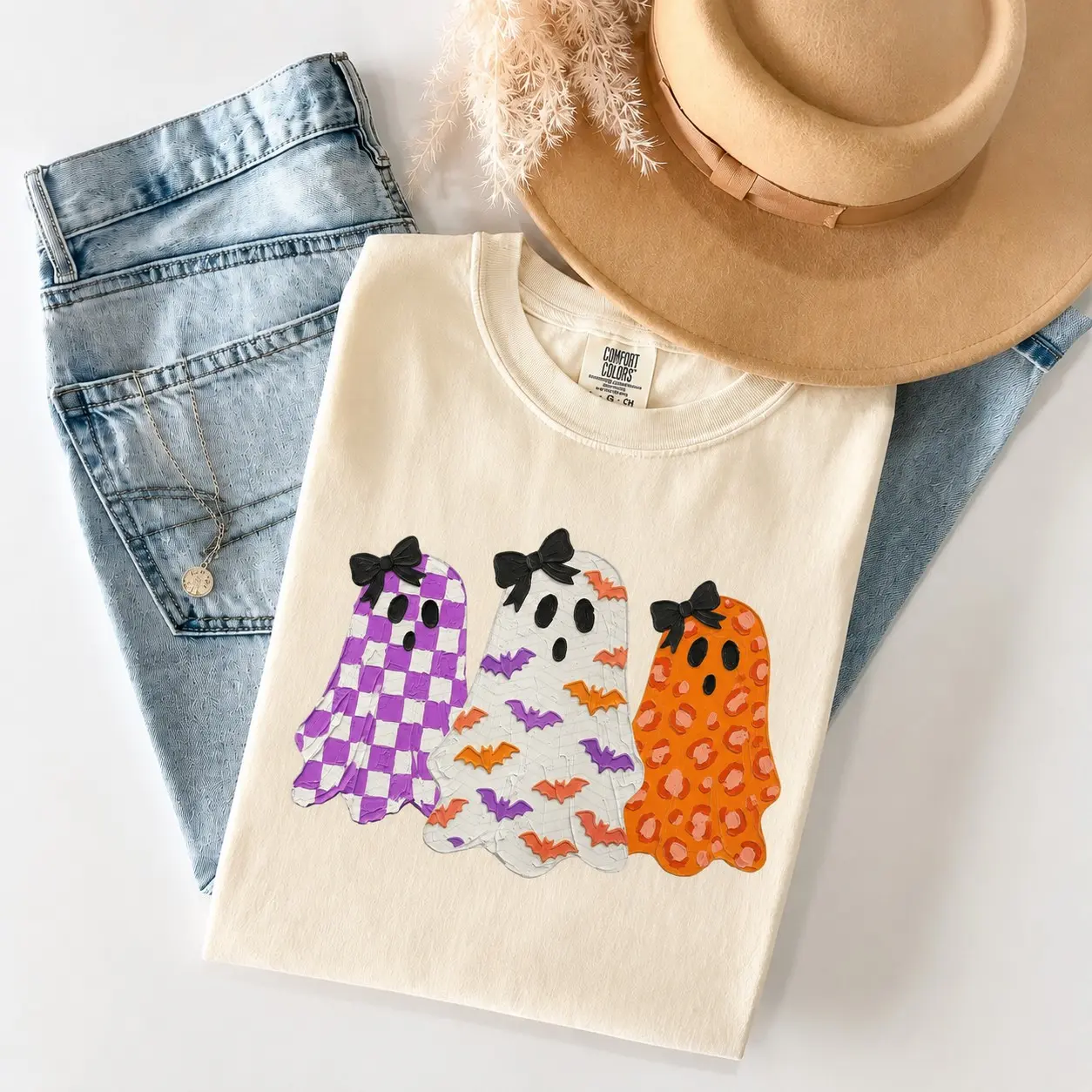 Cute Ghost Halloween T-Shirt, Pink Orange Bow Graphic Tee, Retro Spooky Season Fall Top for Women - photo 4