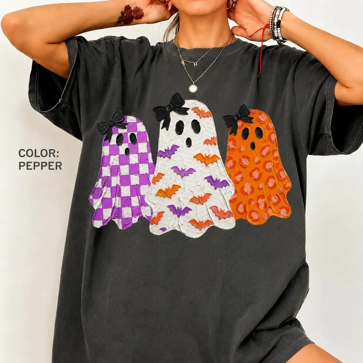 Cute Ghost Halloween T-Shirt, Pink Orange Bow Graphic Tee, Retro Spooky Season Fall Top for Women - photo 5