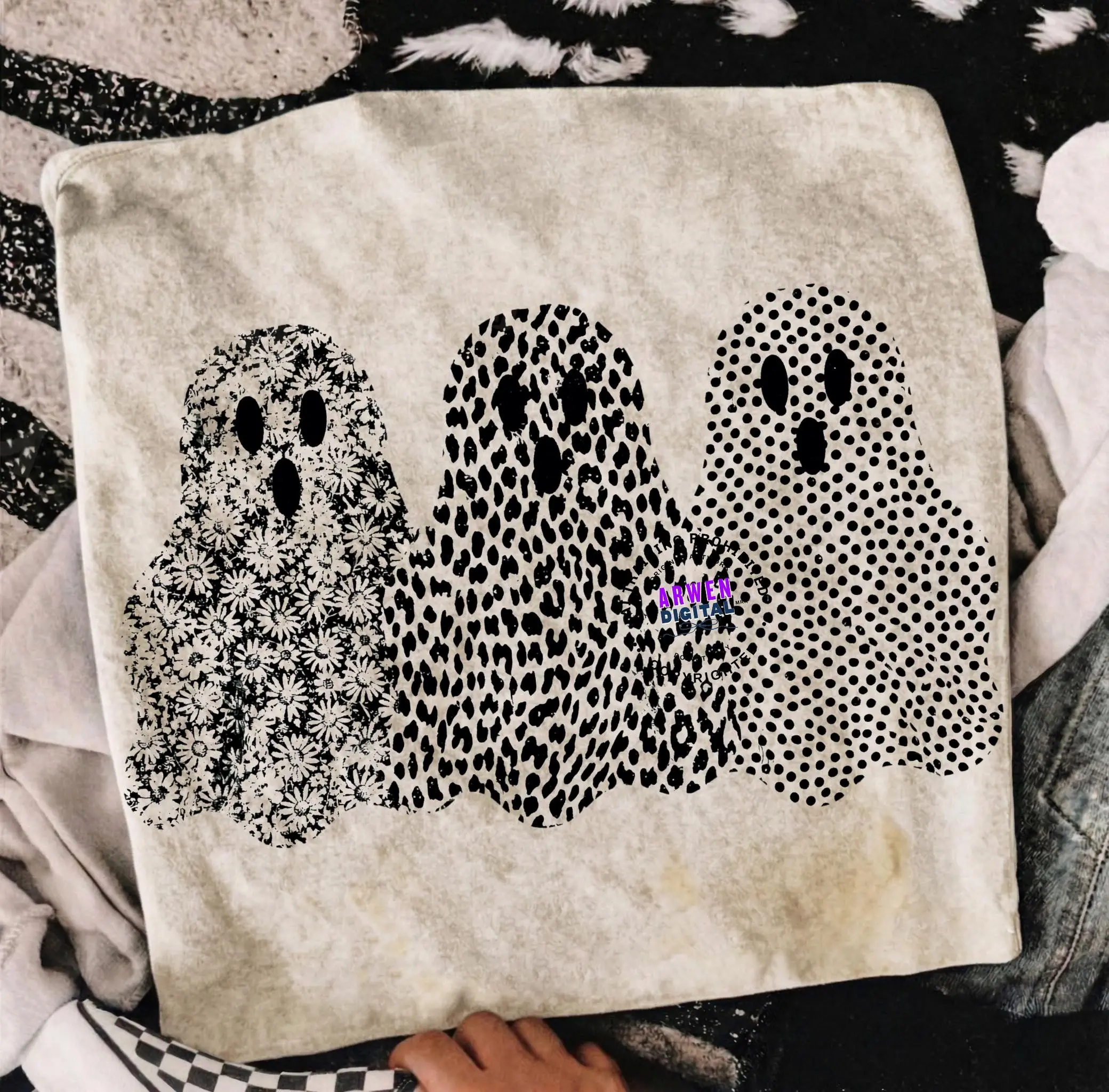 Cute Ghost Halloween Trio Sweatshirt, Polka Dot Trendy Boutique Crewneck, Coquette Spooky Season Design - photo 2