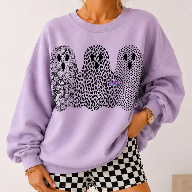 Cute Ghost Halloween Trio Sweatshirt, Polka Dot Trendy Boutique Crewneck, Coquette Spooky Season Design - photo 3