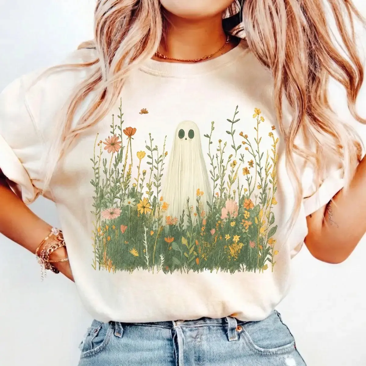 Comfort Colors Cute Ghost in Wildflowers Shirt, Spooky Floral Retro October Ghostcore Cozy Fall Halloween Tee - photo 3