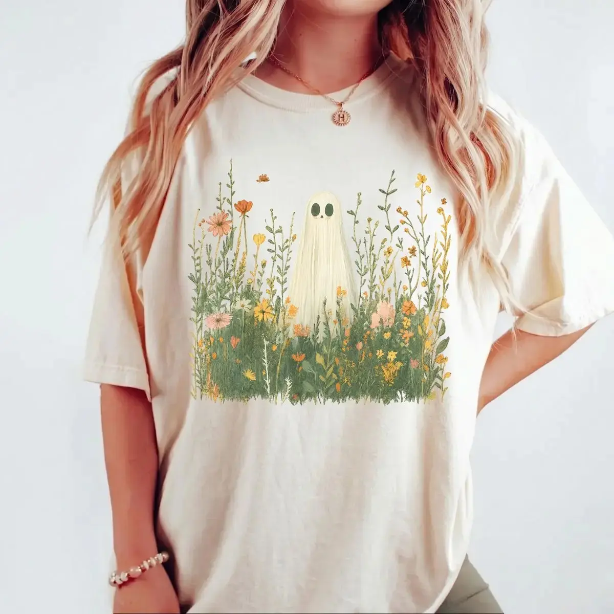Comfort Colors Cute Ghost in Wildflowers Shirt, Spooky Floral Retro October Ghostcore Cozy Fall Halloween Tee - photo 4