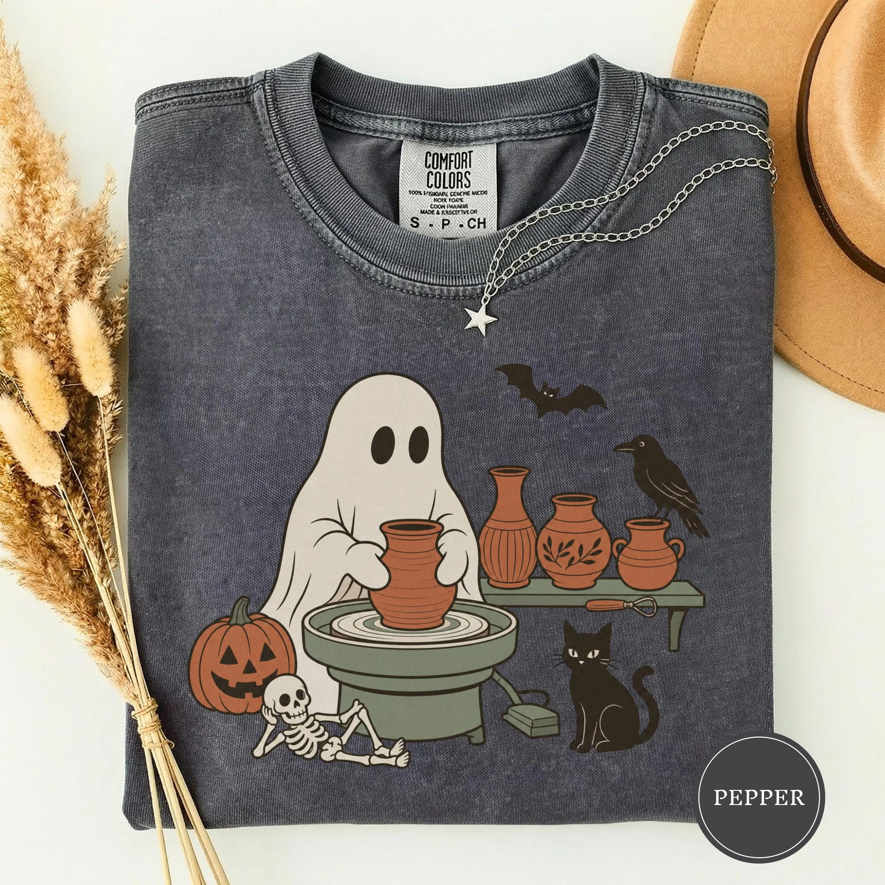 Cute Ghost Pottery Wheel Shirt, Wordless Graphic Tee, Potter Halloween Spooky Season October Gift
