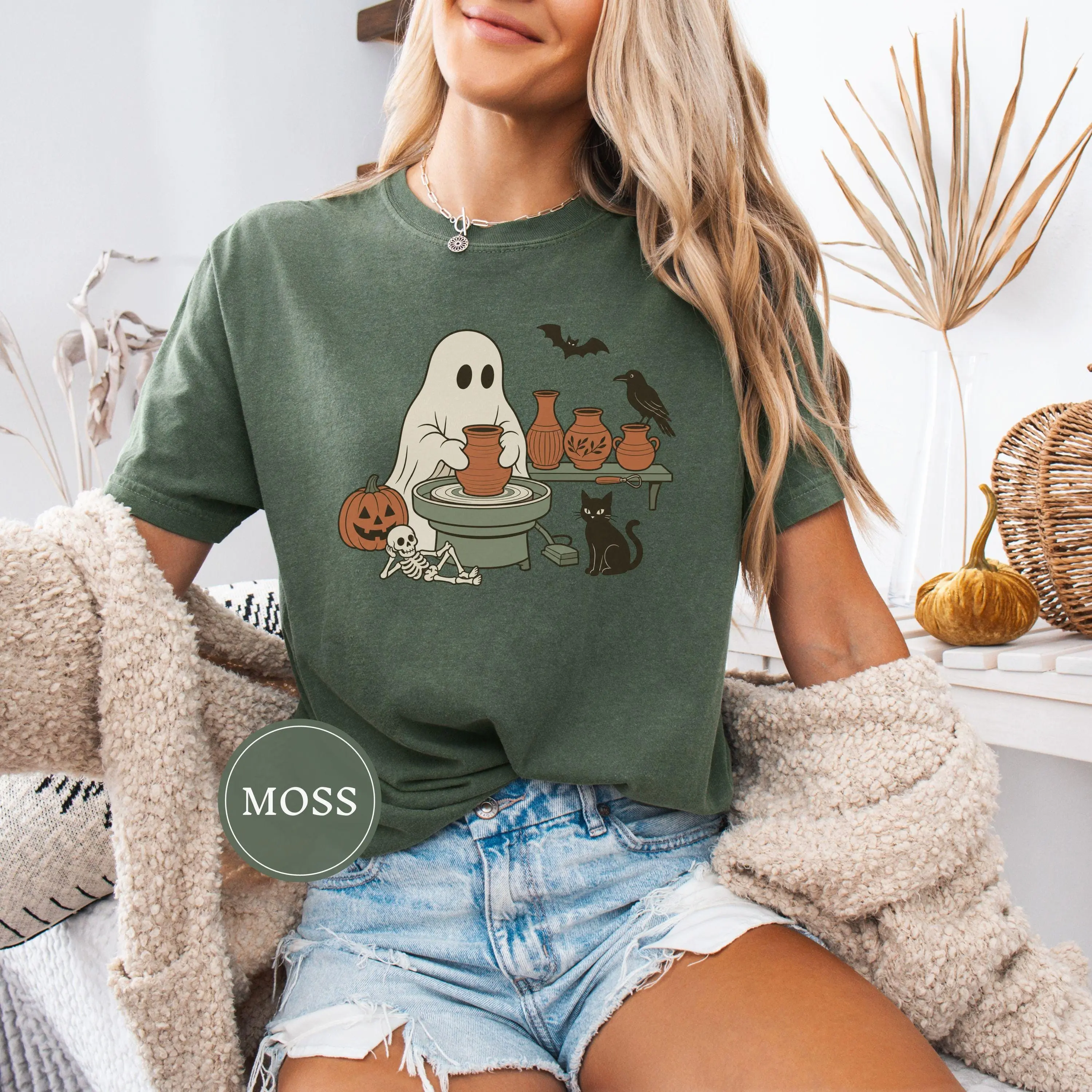 Cute Ghost Pottery Wheel Shirt, Wordless Graphic Tee, Potter Halloween Spooky Season October Gift - photo 2