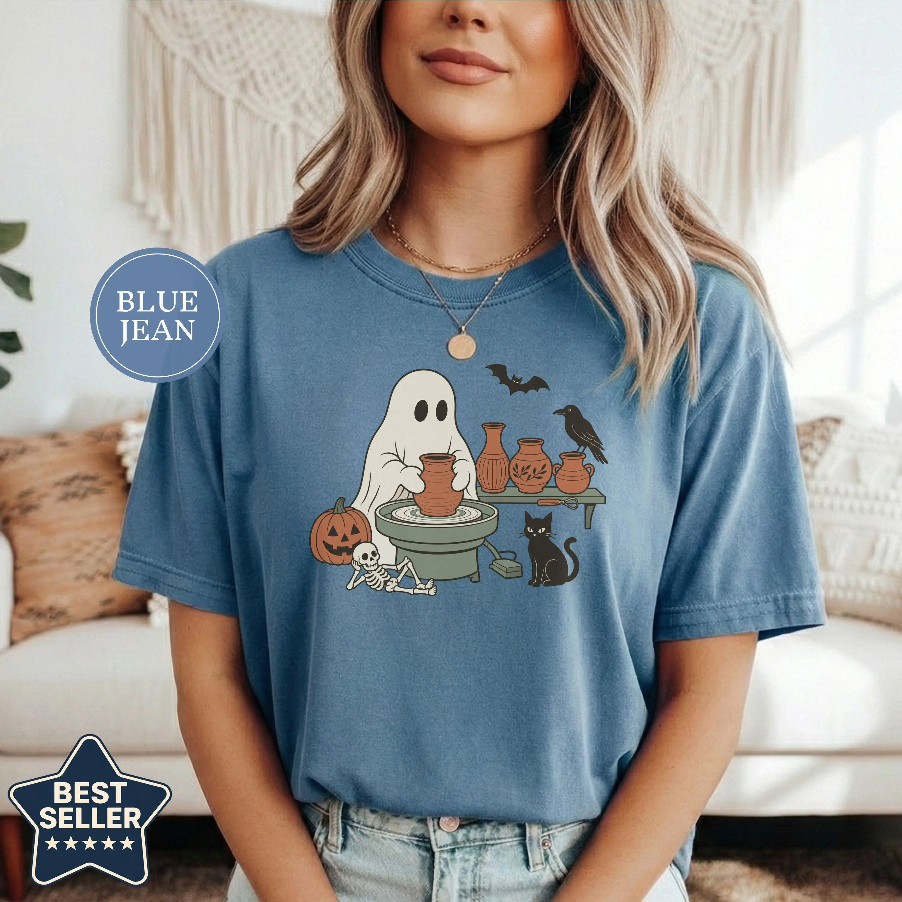 Cute Ghost Pottery Wheel Shirt, Wordless Graphic Tee, Potter Halloween Spooky Season October Gift - photo 4
