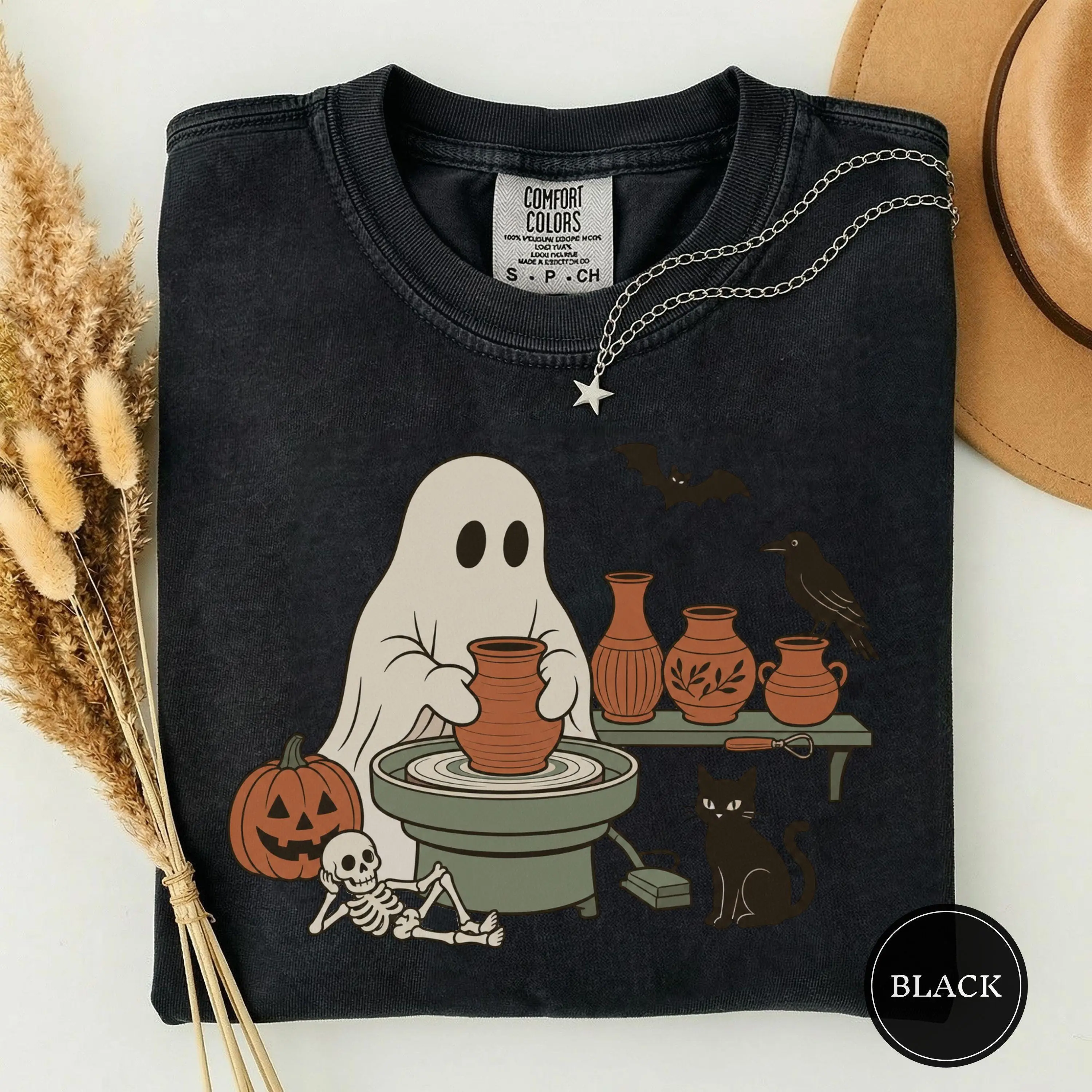 Cute Ghost Pottery Wheel Sweatshirt, Wordless Graphic Crewneck, Potter Halloween Spooky Season Gift - photo 3
