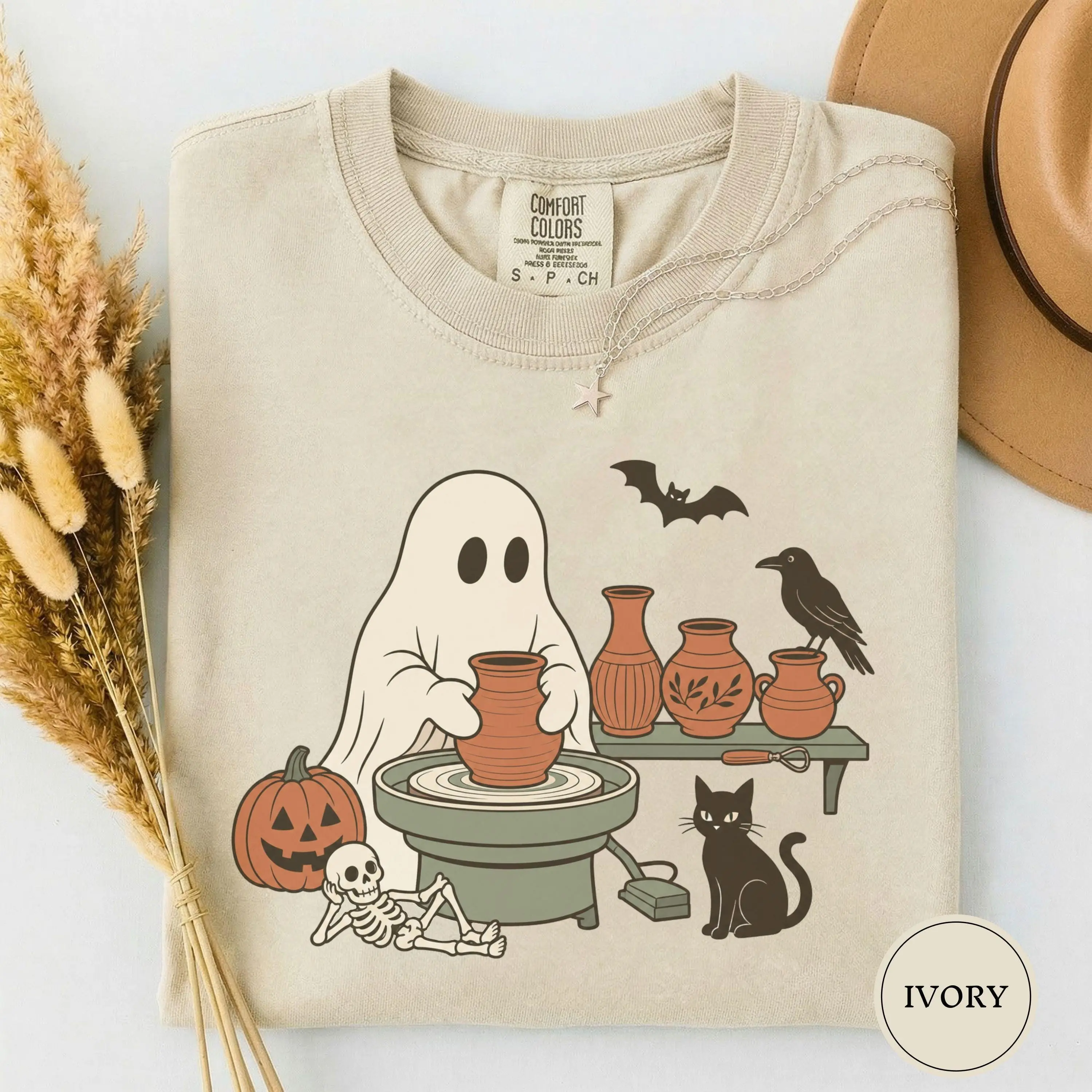 Cute Ghost Pottery Wheel Sweatshirt, Wordless Graphic Crewneck, Potter Halloween Spooky Season Gift - photo 5
