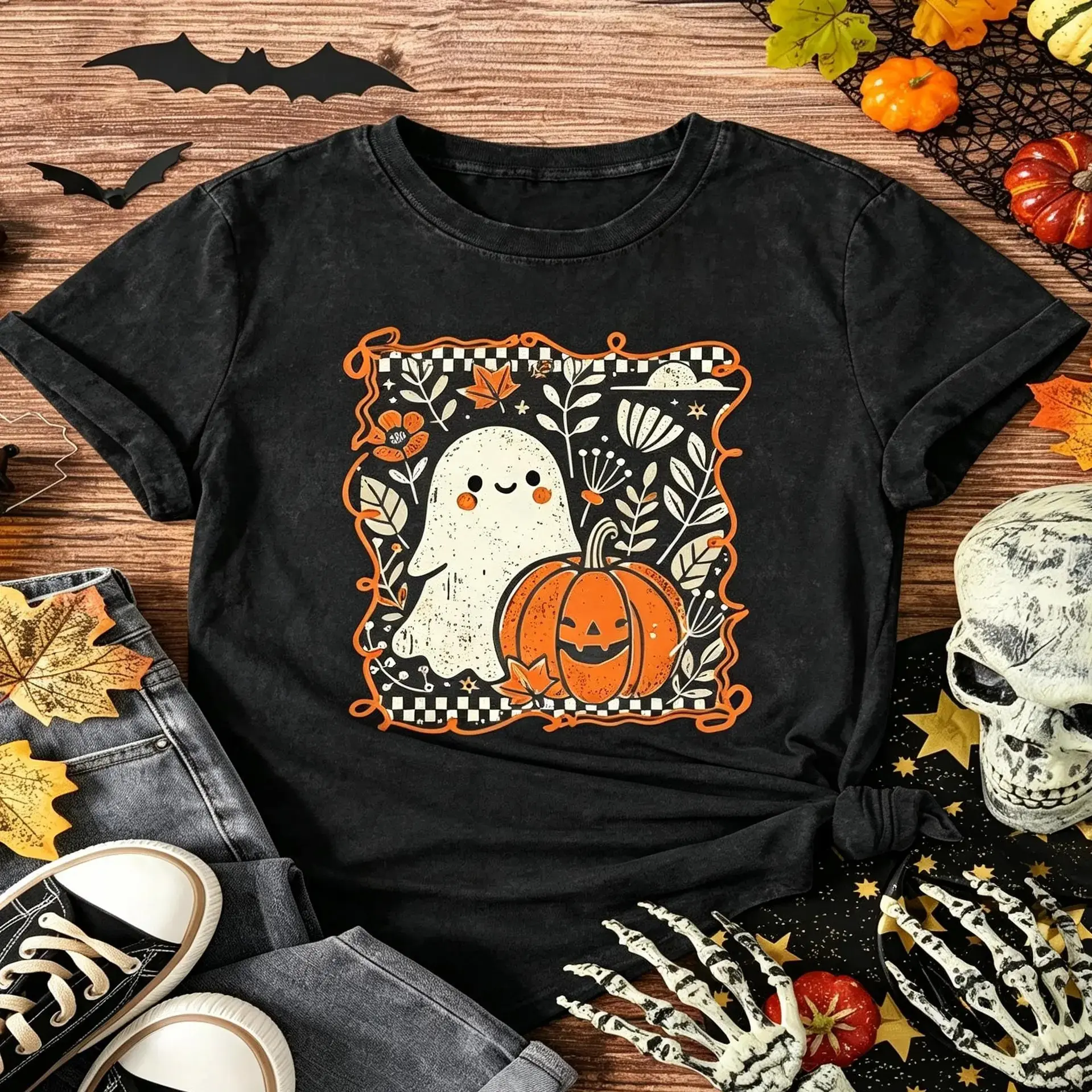 Cute Ghost Pumpkin Unisex T-Shirt, Retro Checkered Floral Halloween Graphic Tee, Spooky Season Casual Top, Gift for Men and Women