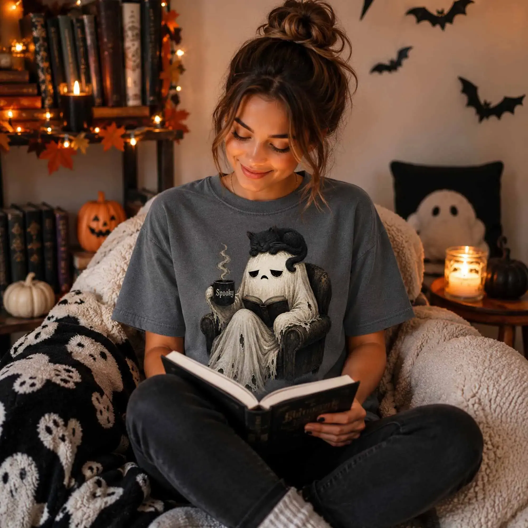 Comfort Colors Cute Ghost Reading Book Shirt, Black Cat Spooky Coffee Halloween Cozy Graphic Tee, Lover Gift