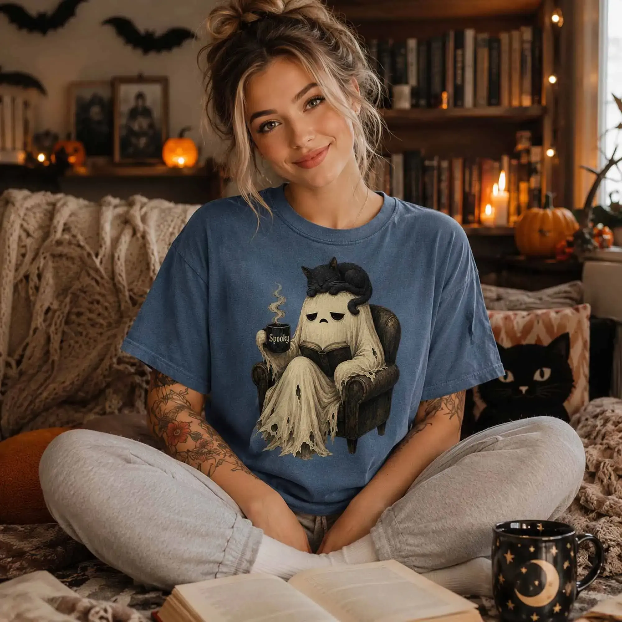 Comfort Colors Cute Ghost Reading Book Shirt, Black Cat Spooky Coffee Halloween Cozy Graphic Tee, Lover Gift - photo 2