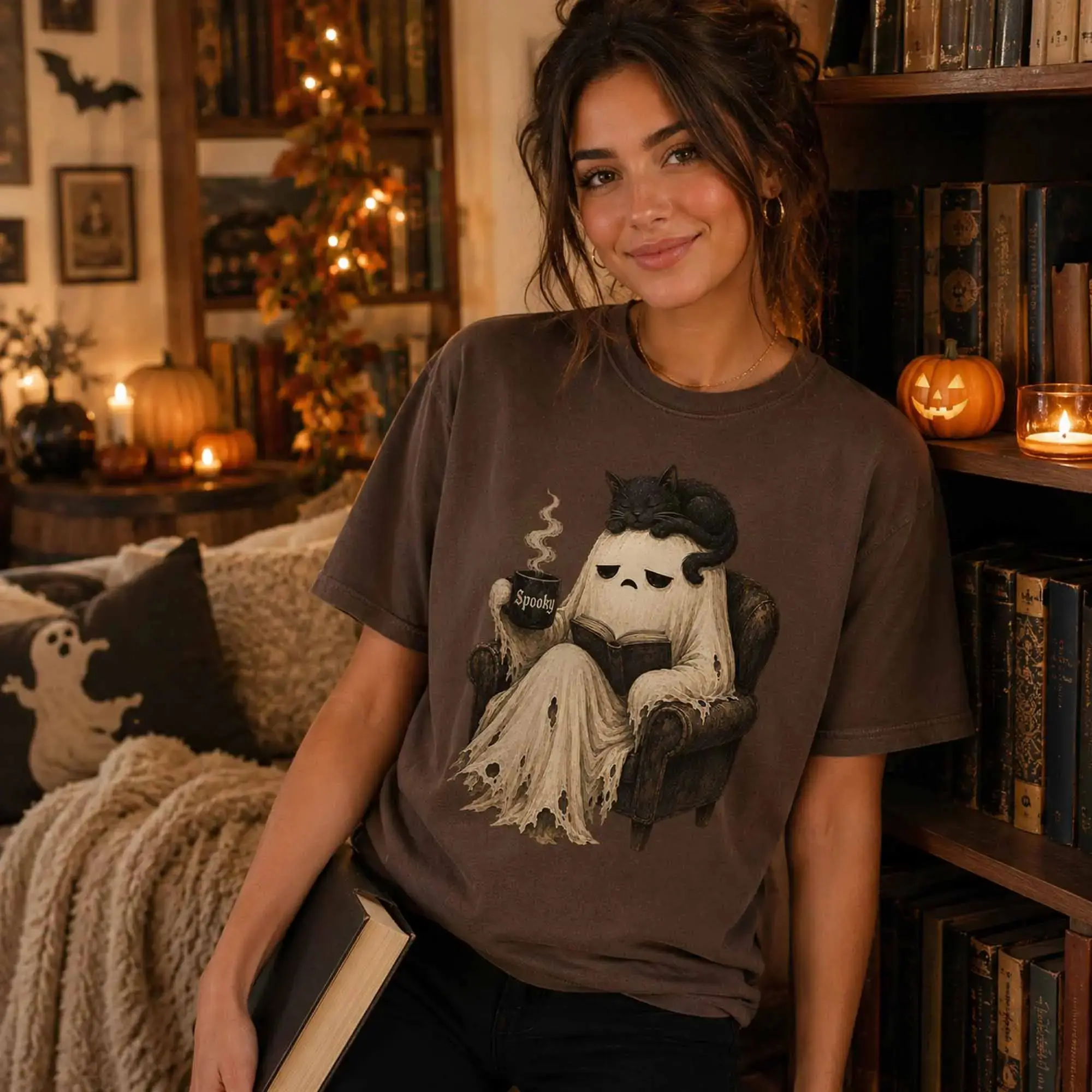 Comfort Colors Cute Ghost Reading Book Shirt, Black Cat Spooky Coffee Halloween Cozy Graphic Tee, Lover Gift - photo 3