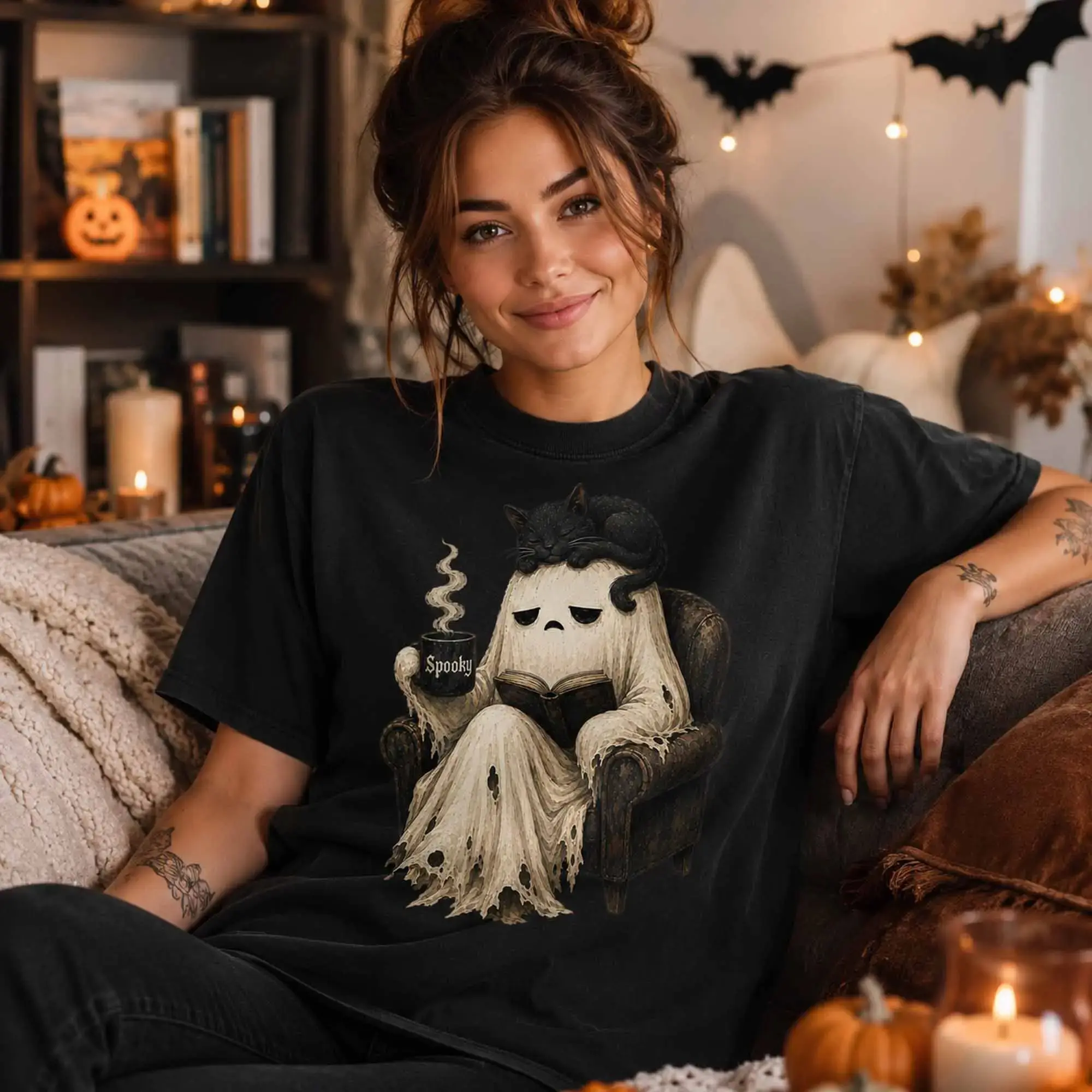 Comfort Colors Cute Ghost Reading Book Shirt, Black Cat Spooky Coffee Halloween Cozy Graphic Tee, Lover Gift - photo 4