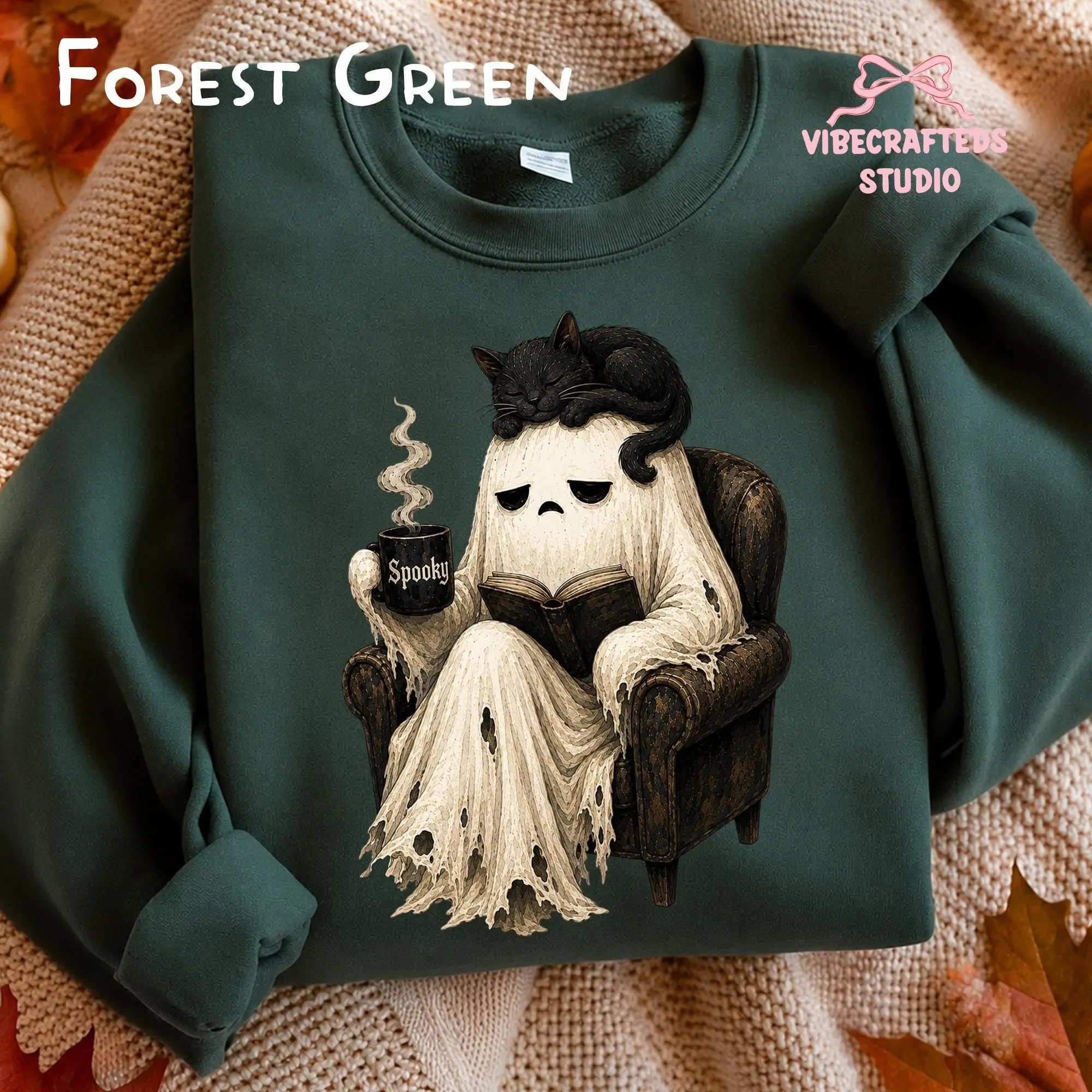 Cute Ghost Reading Book Hoodie, Black Cat Spooky Coffee Halloween Cozy Graphic Pullover, Lover Gift - photo 4