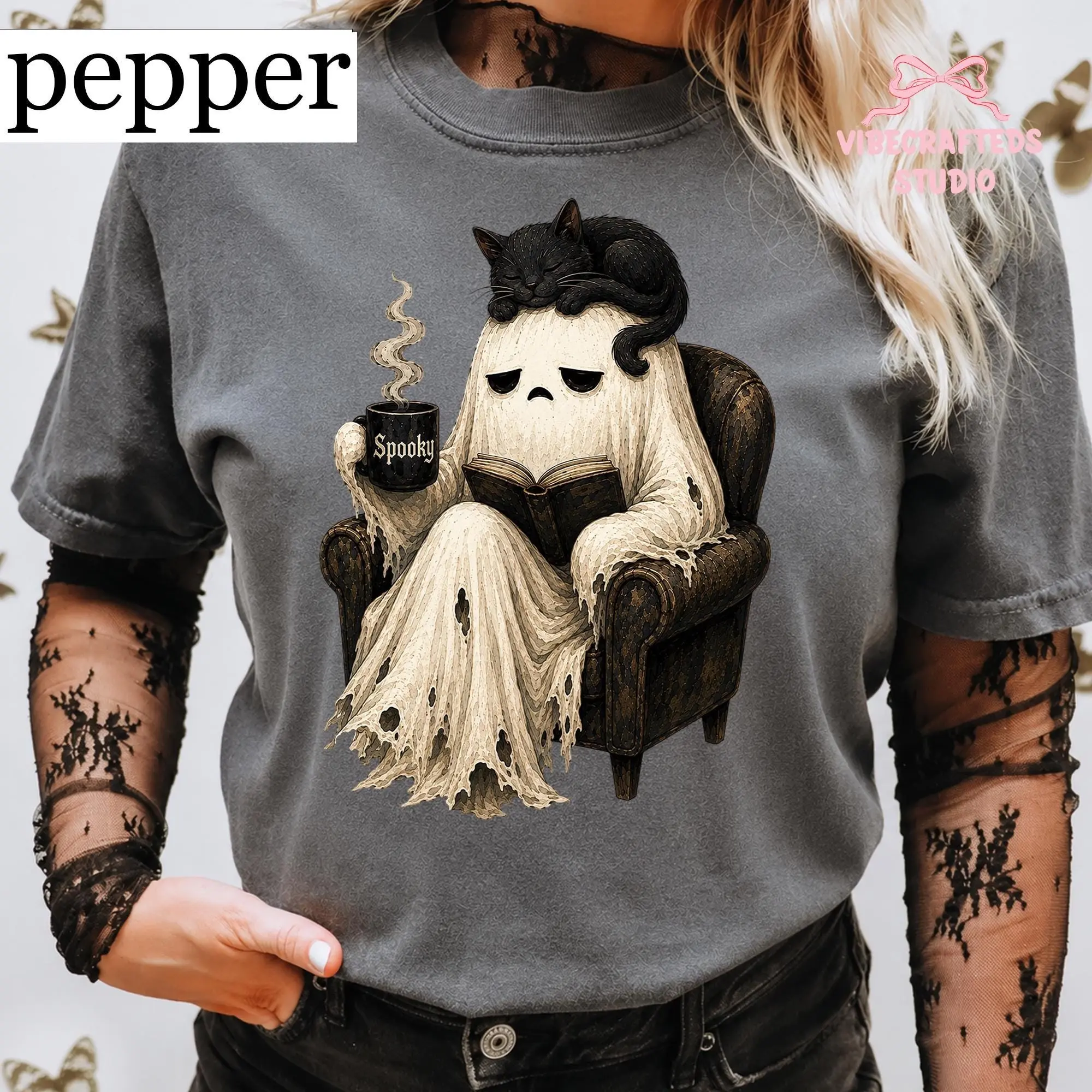 Cute Ghost Reading Book Sweatshirt, Black Cat Spooky Coffee Halloween Cozy Graphic Crewneck, Lover Gift