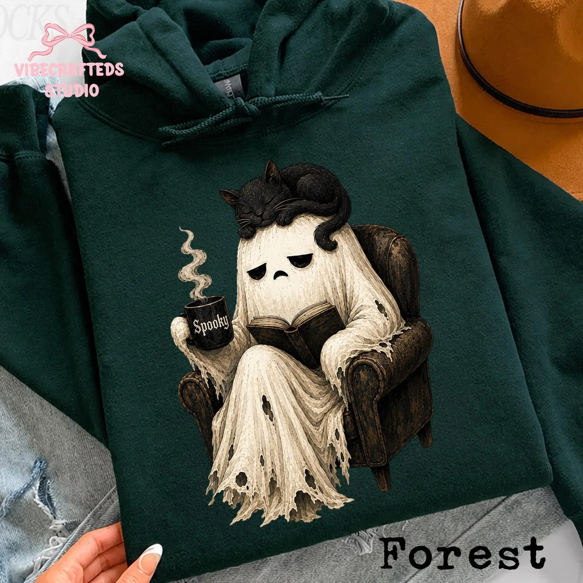 Cute Ghost Reading Book Sweatshirt, Black Cat Spooky Coffee Halloween Cozy Graphic Crewneck, Lover Gift - photo 2