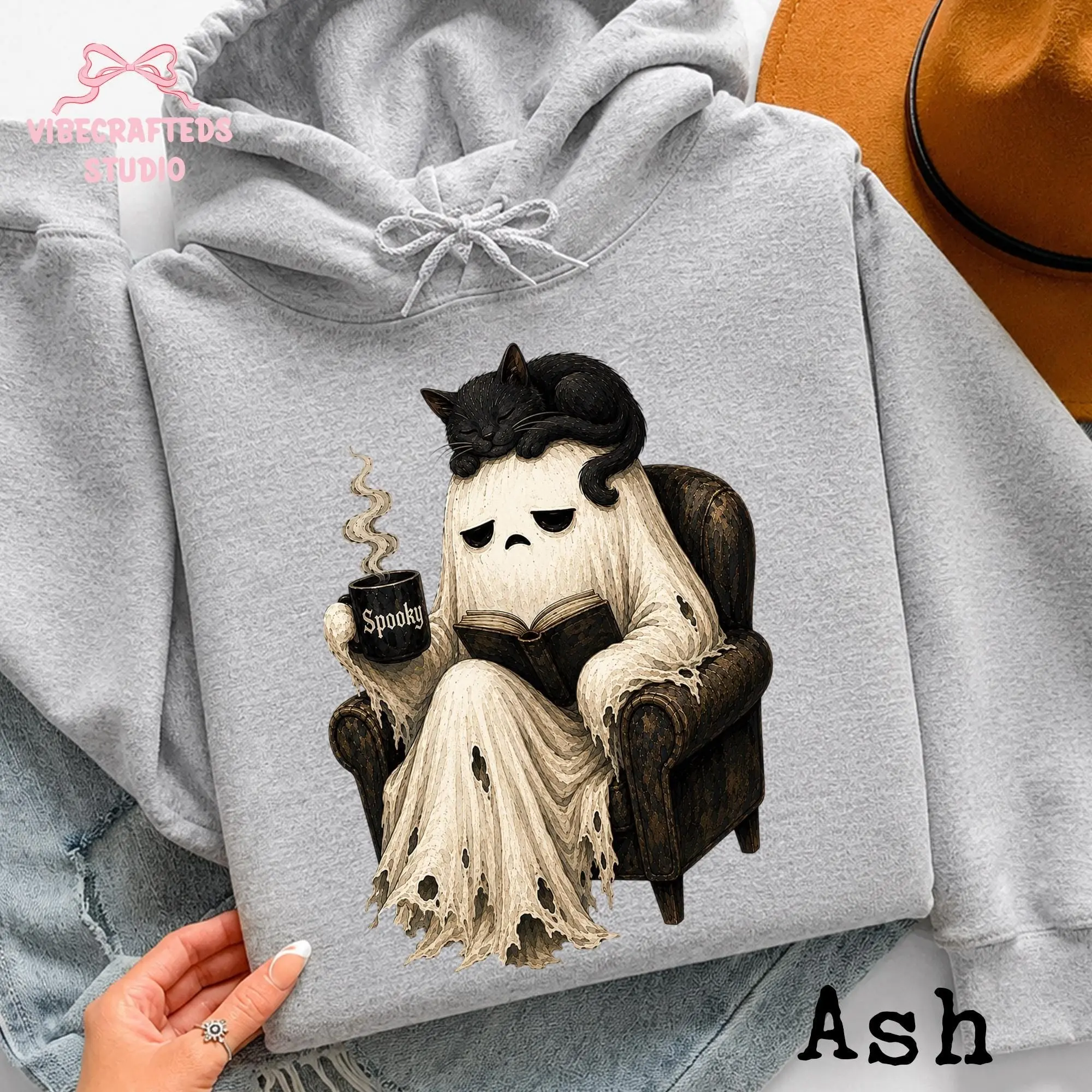 Cute Ghost Reading Book Sweatshirt, Black Cat Spooky Coffee Halloween Cozy Graphic Crewneck, Lover Gift - photo 3